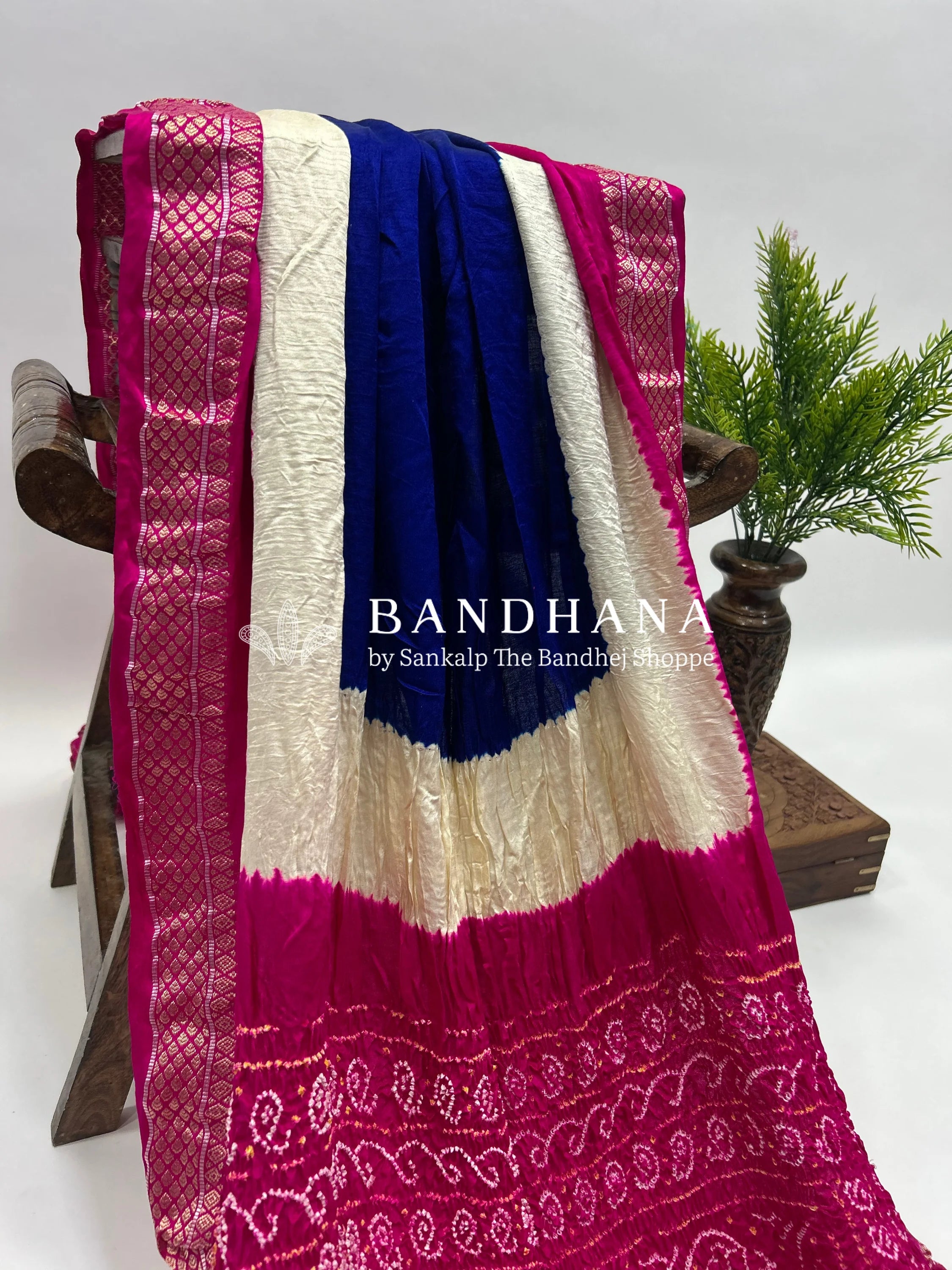 Blue-Rani Gajji Silk Designer Gala Saree with 3 Colour Dying deeppink / Gajji Silk Sarees