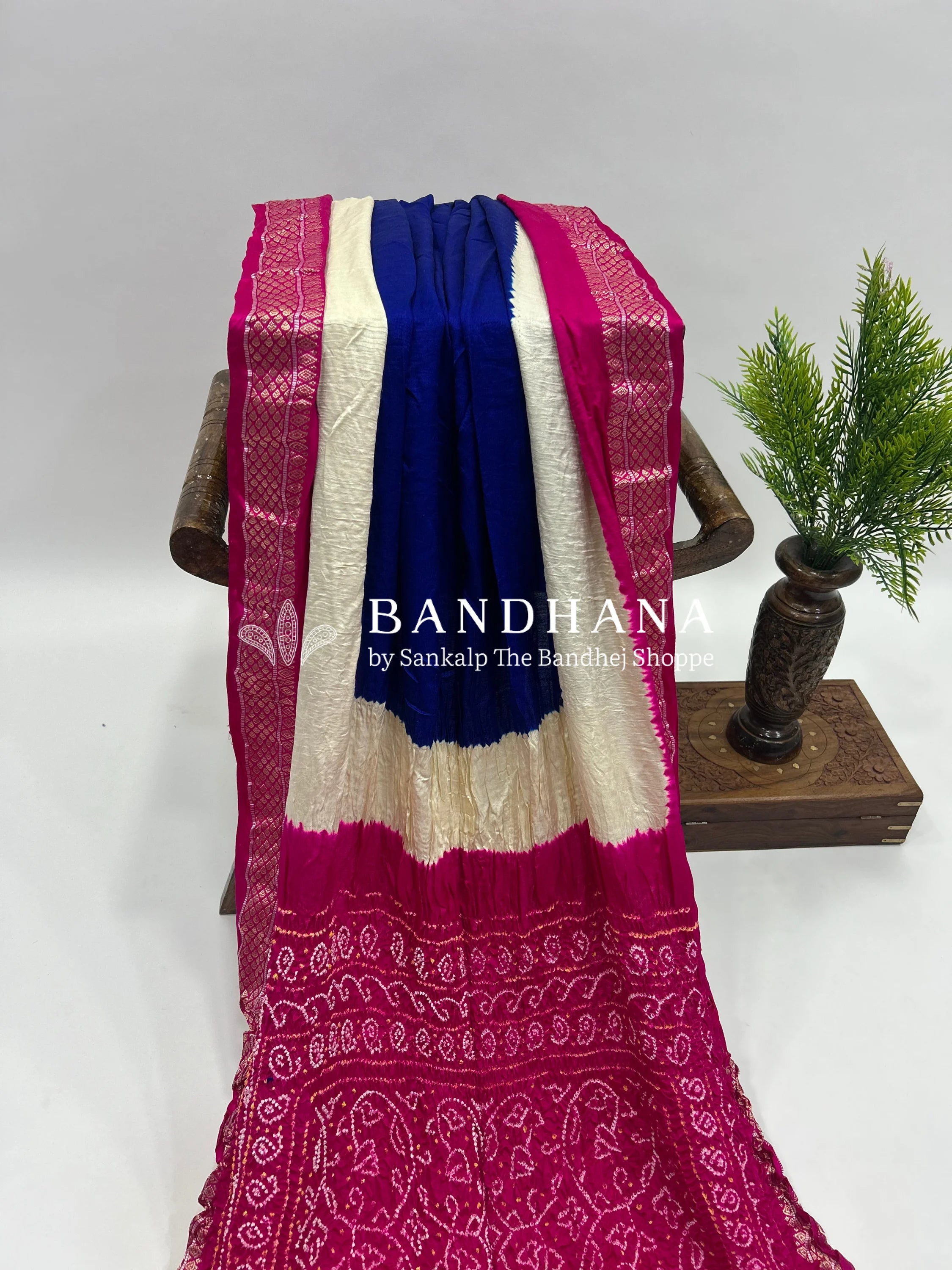 Blue-Rani Gajji Silk Designer Gala Saree with 3 Colour Dying deeppink / Gajji Silk Sarees