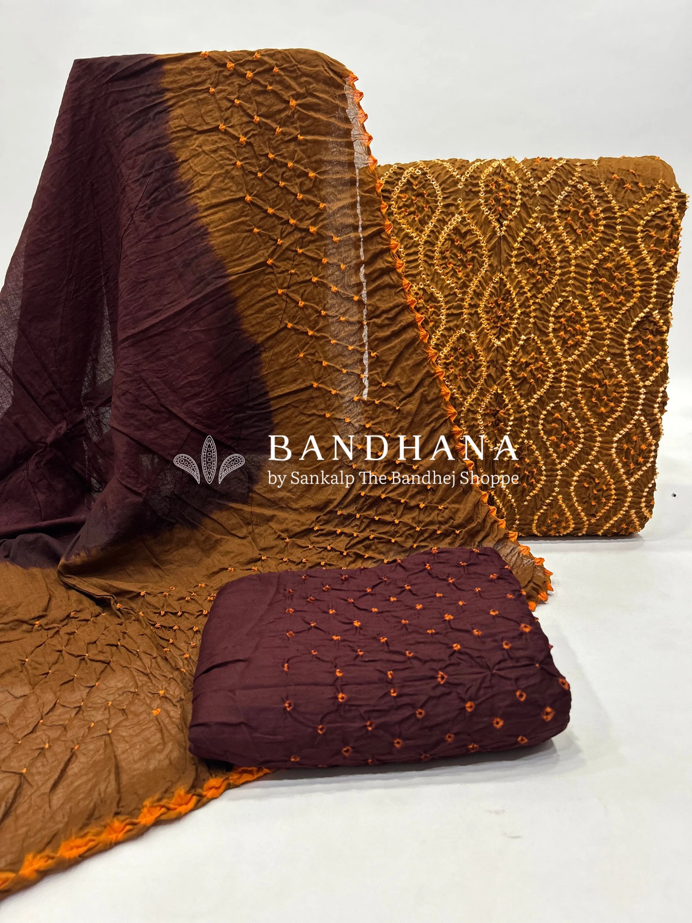 Brown-Coffee Cotton Pandadi Bandhani Dress Material brown / Cotton Dresses