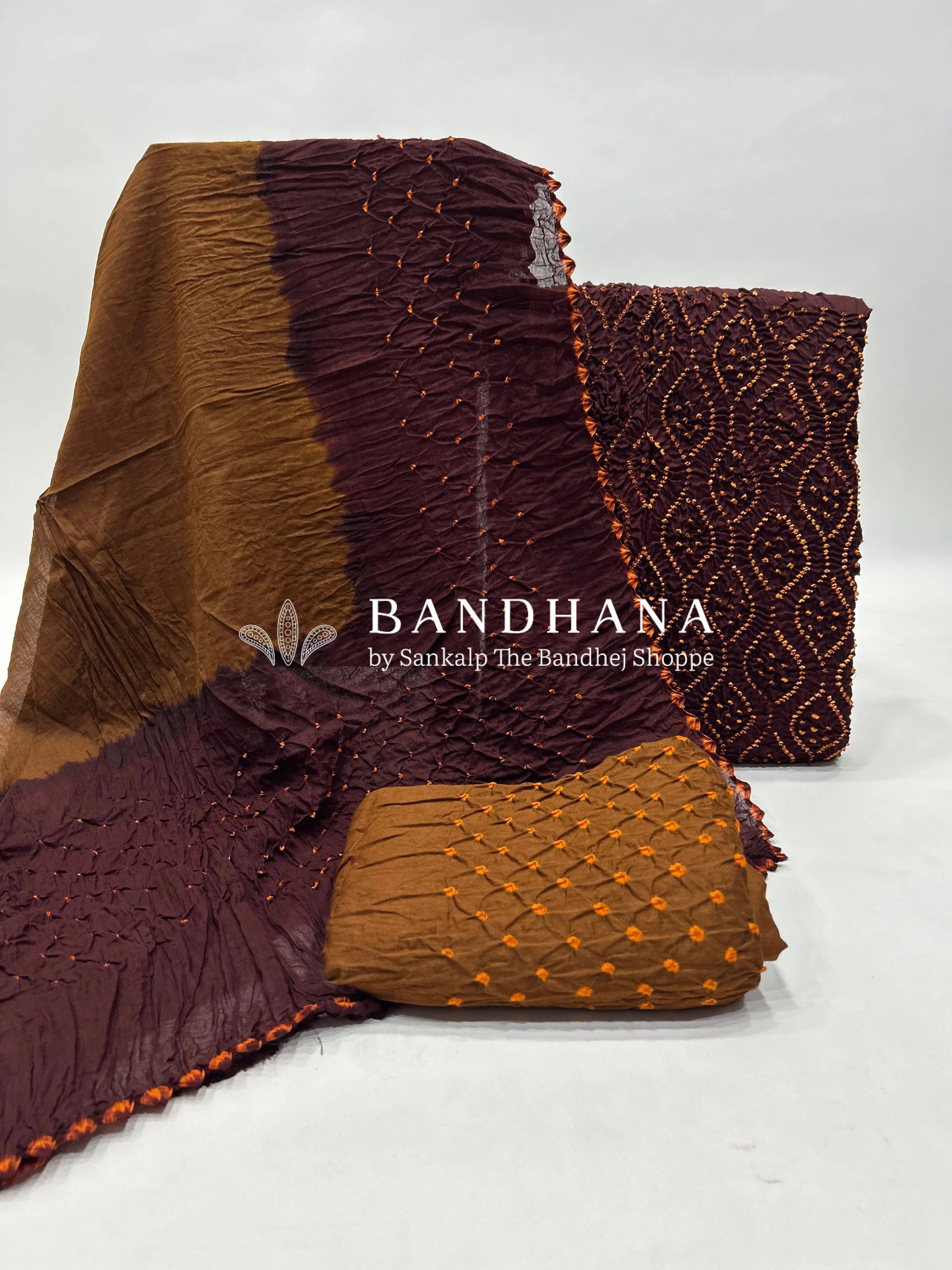 Coffee-Brown Cotton Pandadi Bandhani Dress Material brown / Cotton Dresses