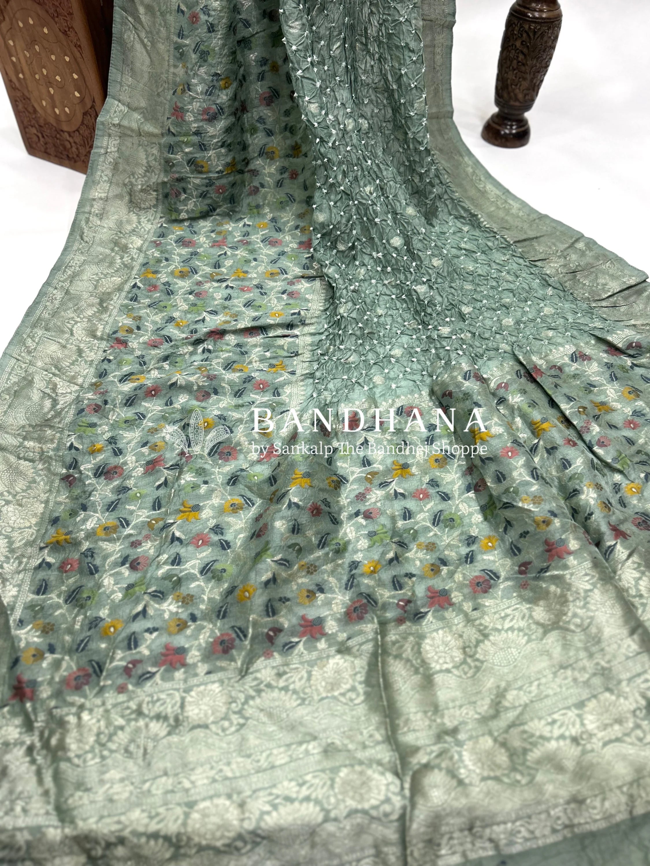 Dark Pista Art Tussar Silk Bandhani Saree Sarees