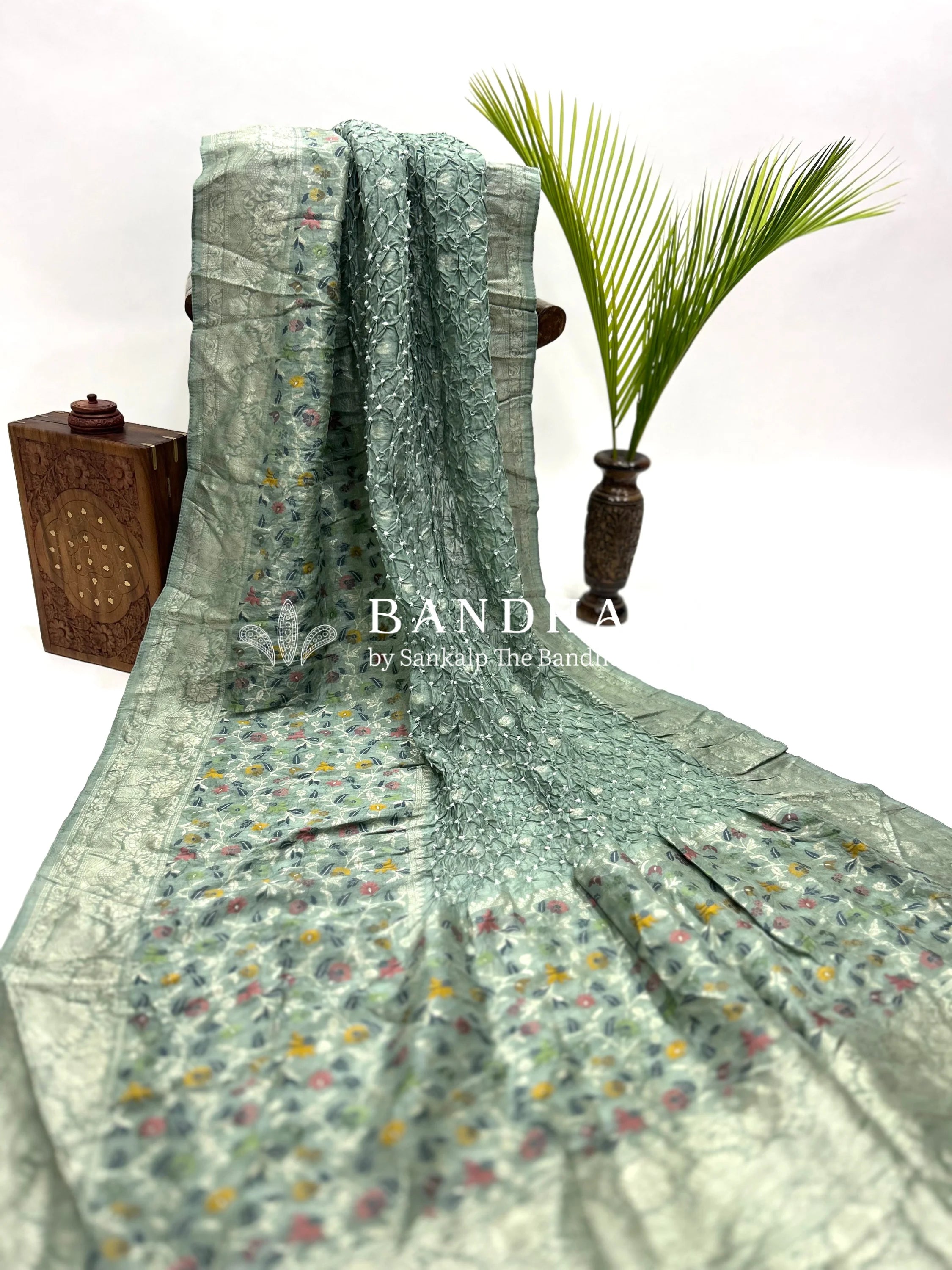 Dark Pista Art Tussar Silk Bandhani Saree Sarees