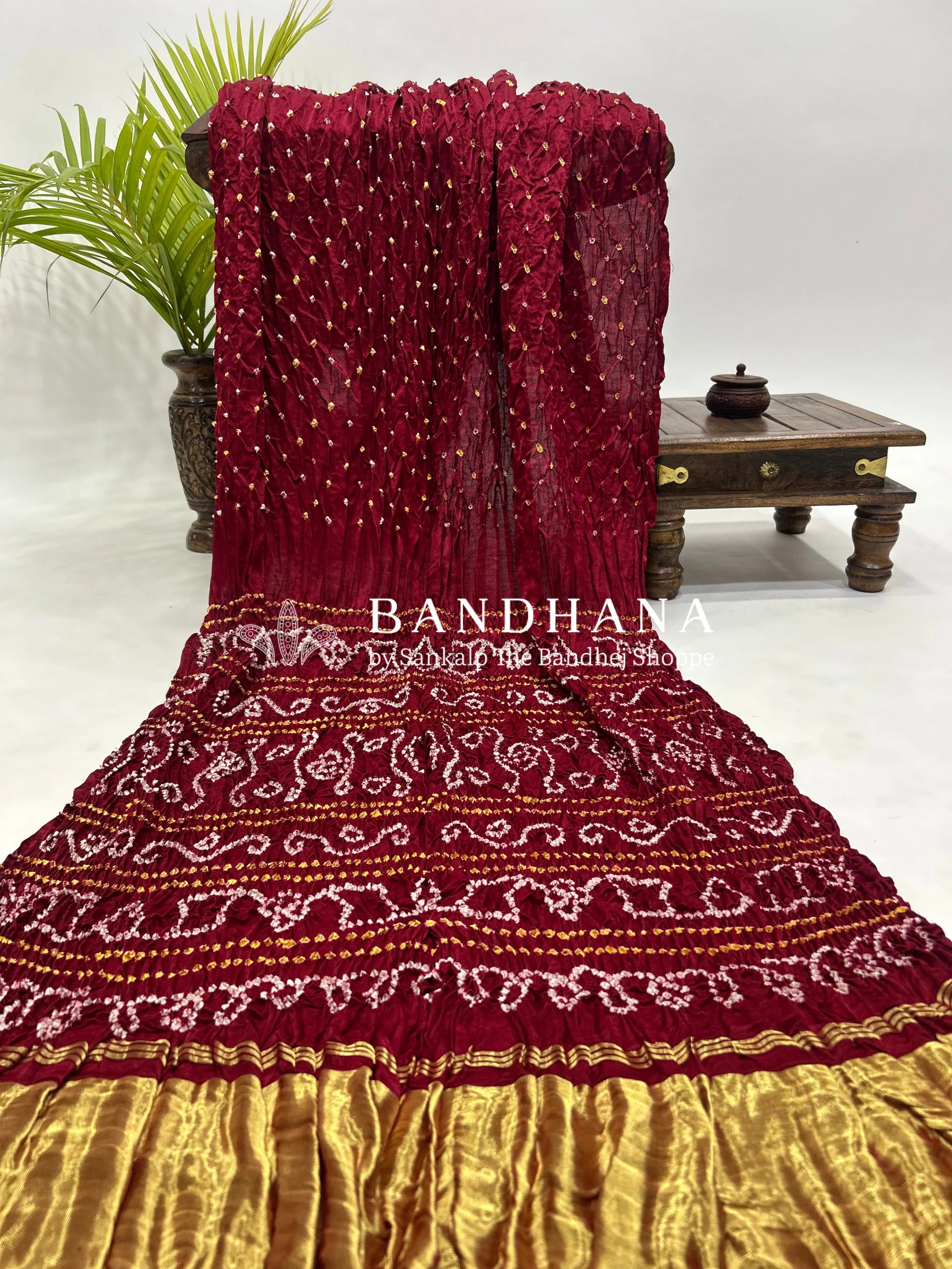 Drak Maroon Gajji Silk Single Dot Bandhani Saree Sarees