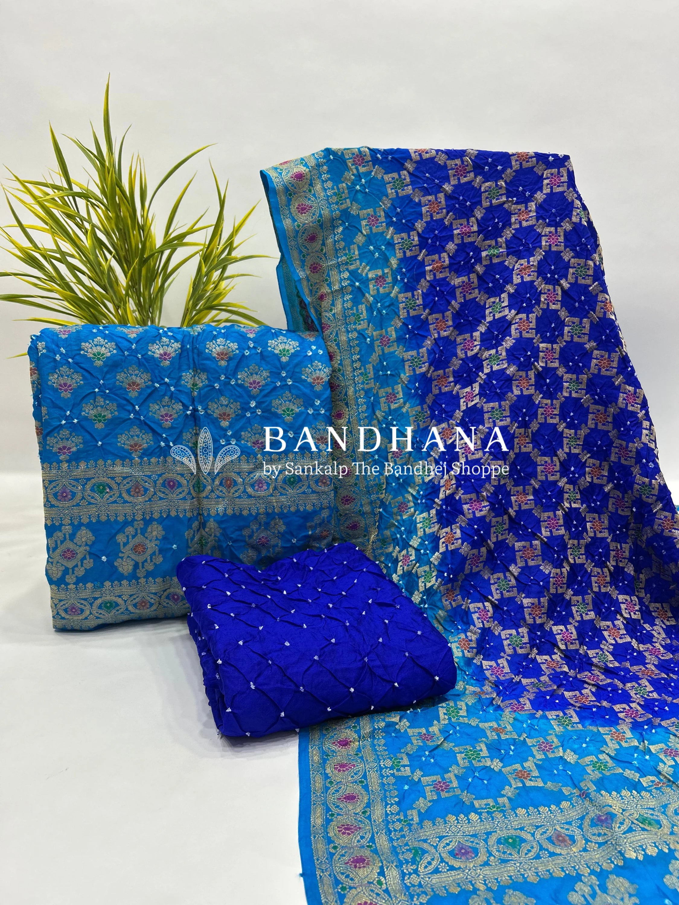 Firozi & Blue Art Dupion Butta Bandhani Dress Material dodgerblue / Art Silk Dresses