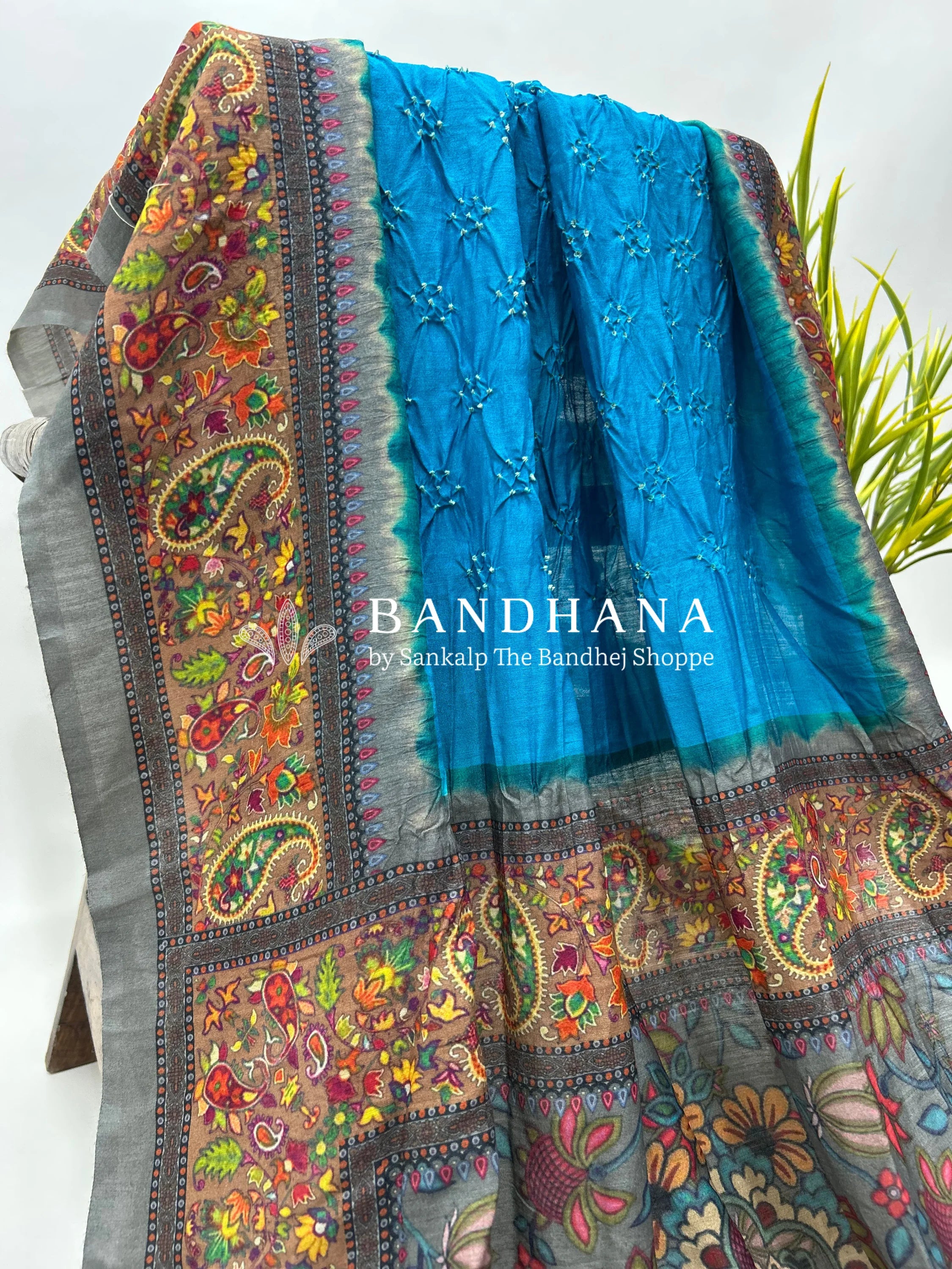 Firozi-Grey Muga Silk Digital Kashmiri Print Bandhani Saree dodgerblue / Muga Silk Sarees