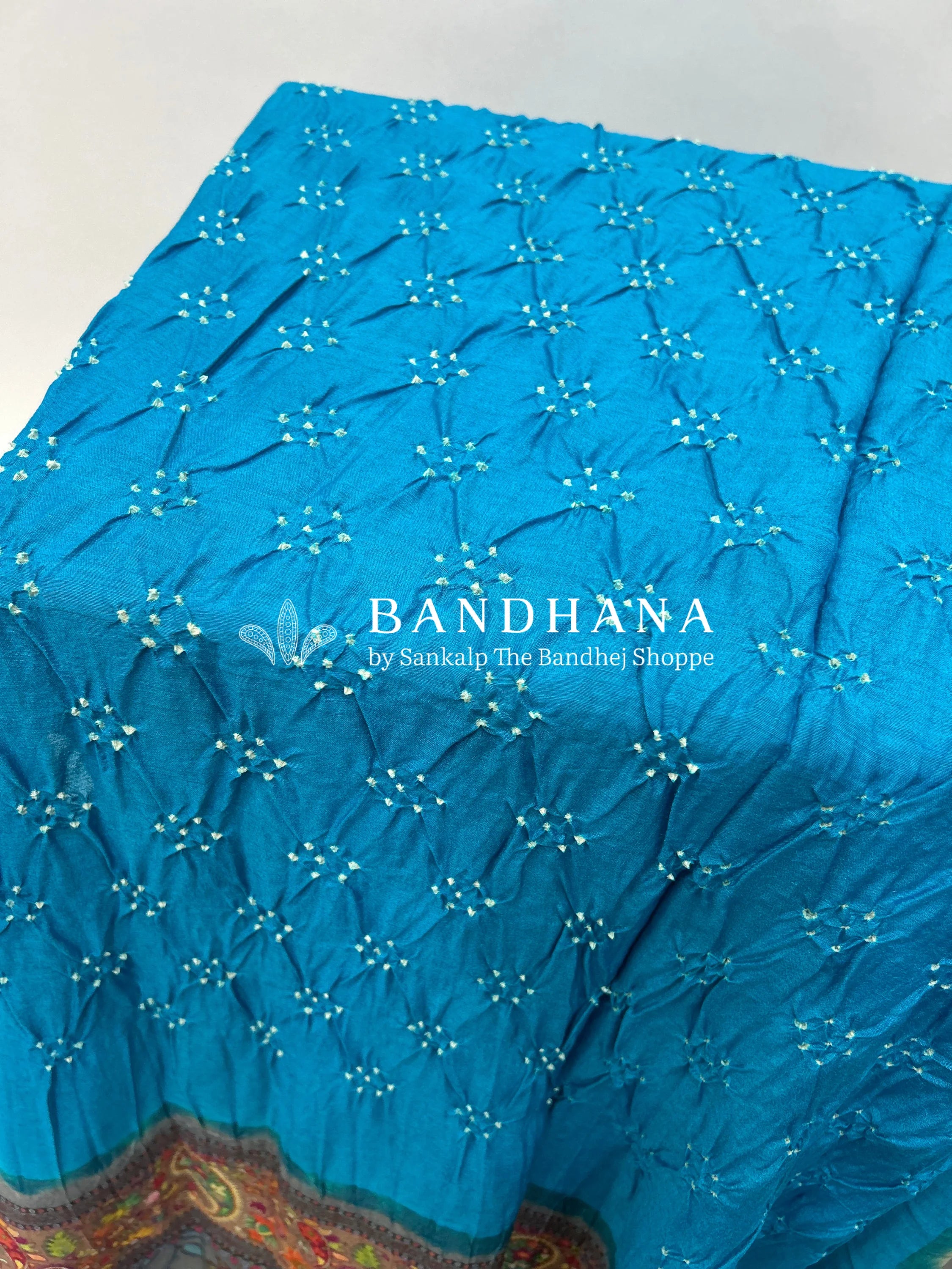 Firozi-Grey Muga Silk Digital Kashmiri Print Bandhani Saree dodgerblue / Muga Silk Sarees