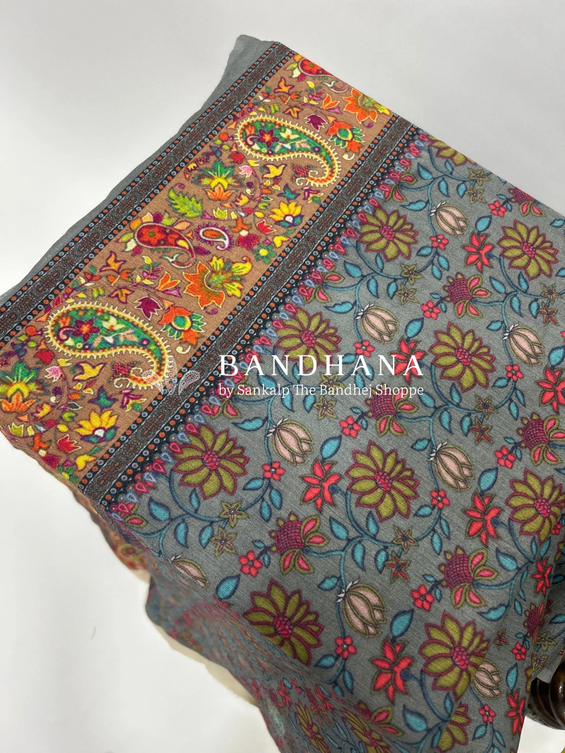 Firozi-Grey Muga Silk Digital Kashmiri Print Bandhani Saree dodgerblue / Muga Silk Sarees