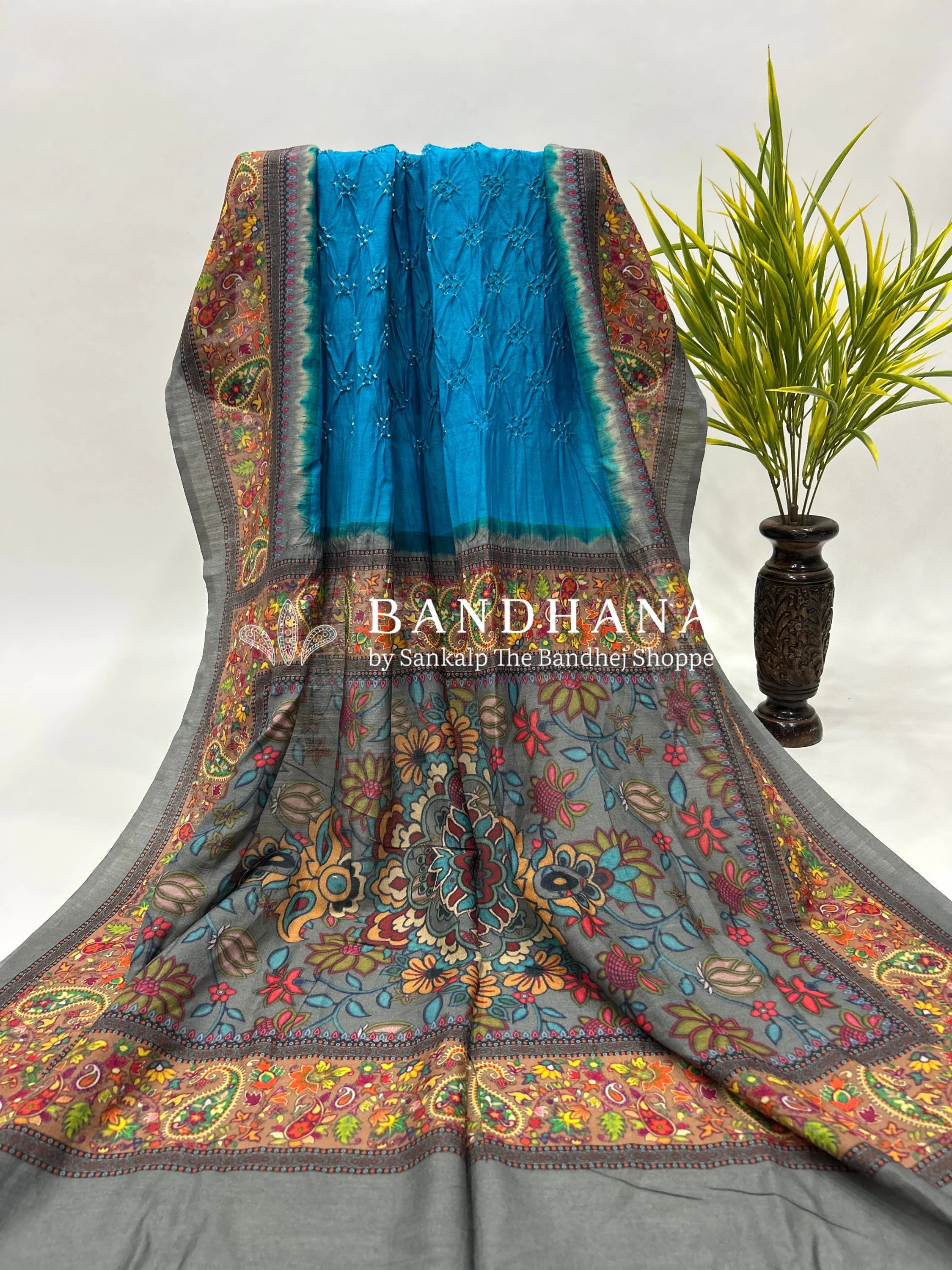 Firozi-Grey Muga Silk Digital Kashmiri Print Bandhani Saree dodgerblue / Muga Silk Sarees
