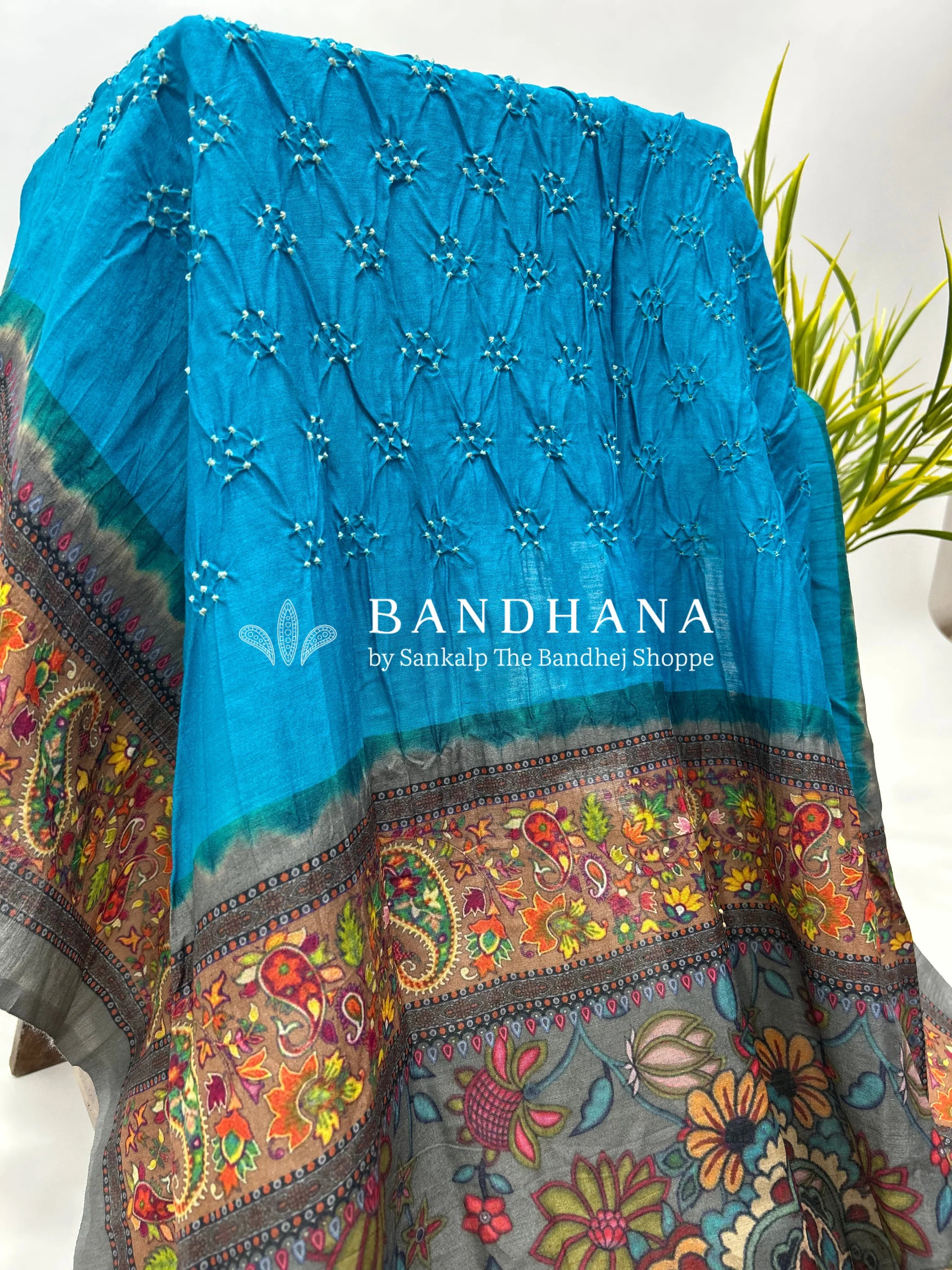 Firozi-Grey Muga Silk Digital Kashmiri Print Bandhani Saree dodgerblue / Muga Silk Sarees