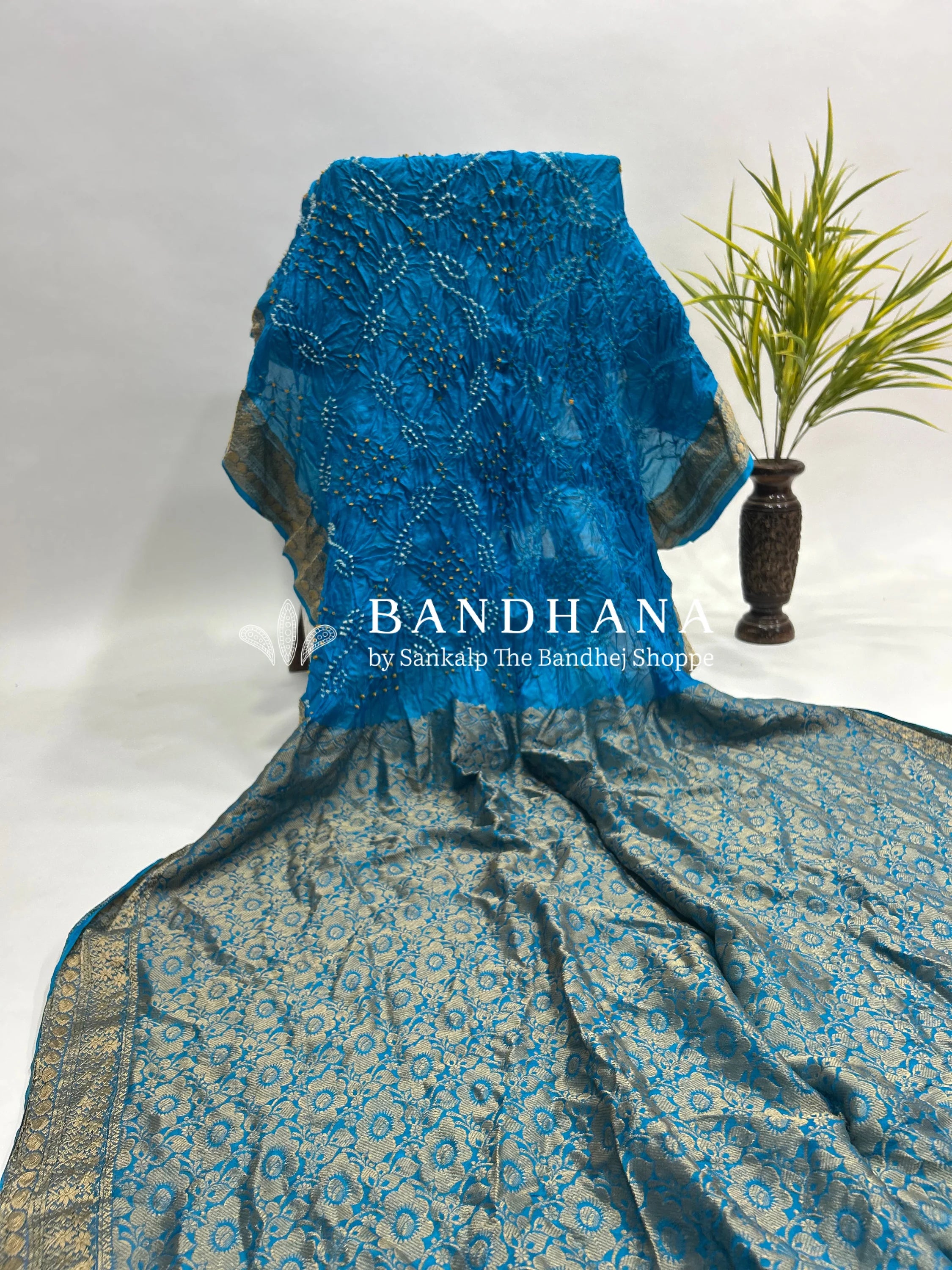 Firozi Soft Silk Resham Palav Bandhani Saree dodgerblue / Soft Silk Sarees