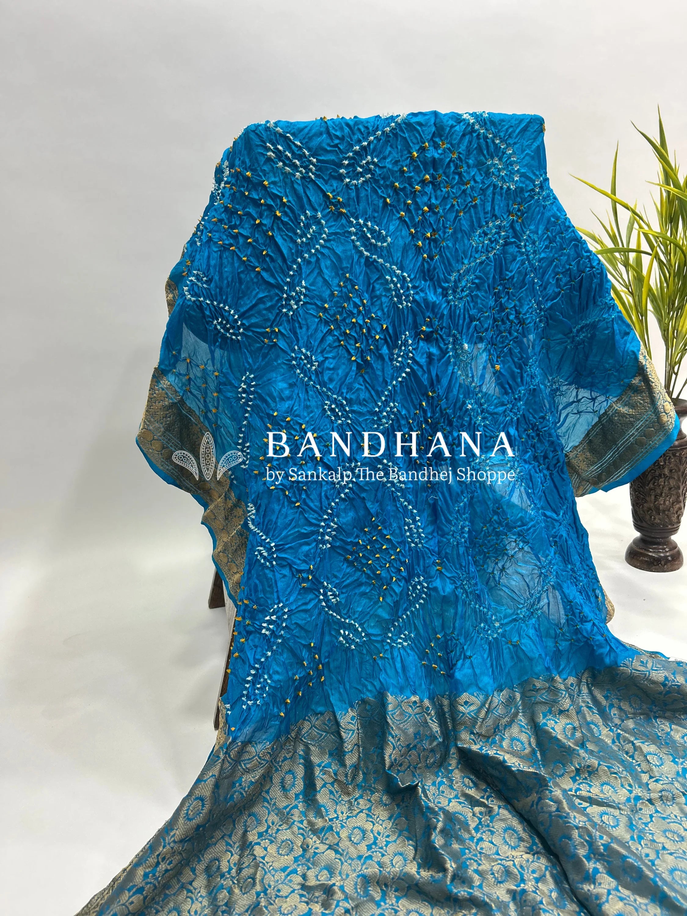 Firozi Soft Silk Resham Palav Bandhani Saree dodgerblue / Soft Silk Sarees