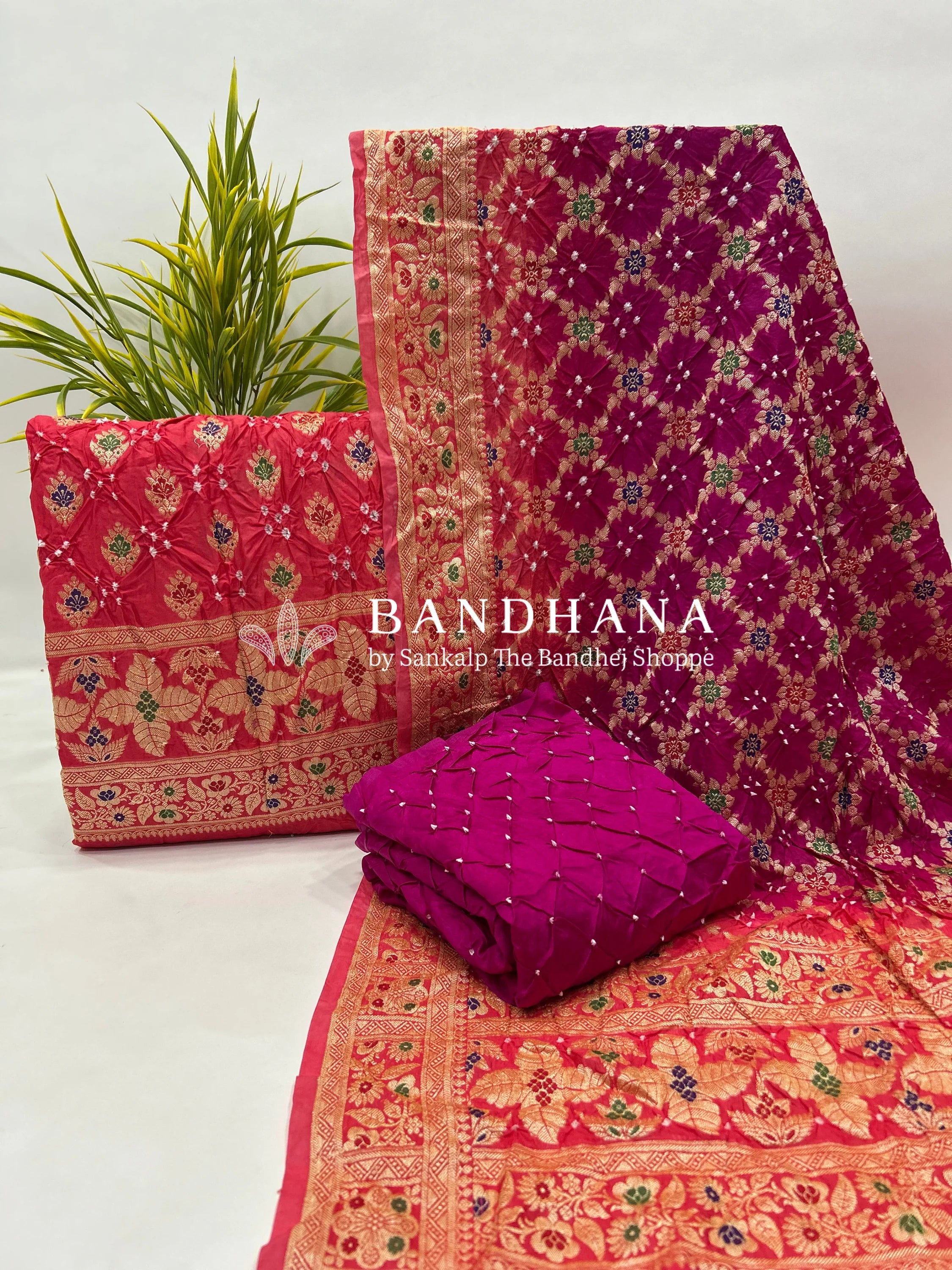 Gaajar & Rani Art Dupion Butta Bandhani Dress Material magenta / Art Silk Dresses