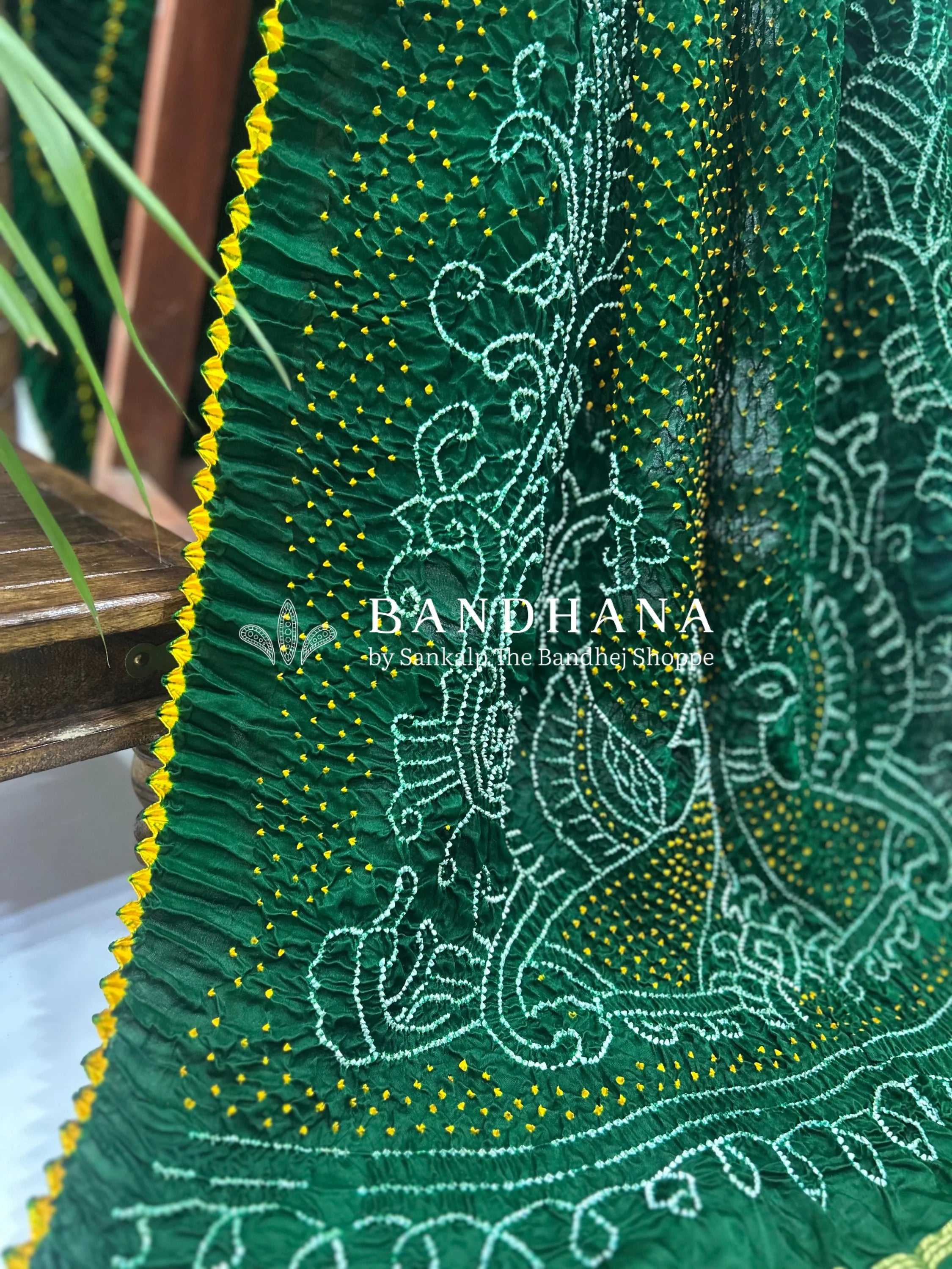 Green Mor Palav Gajji Designer Bandhani Saree Sarees