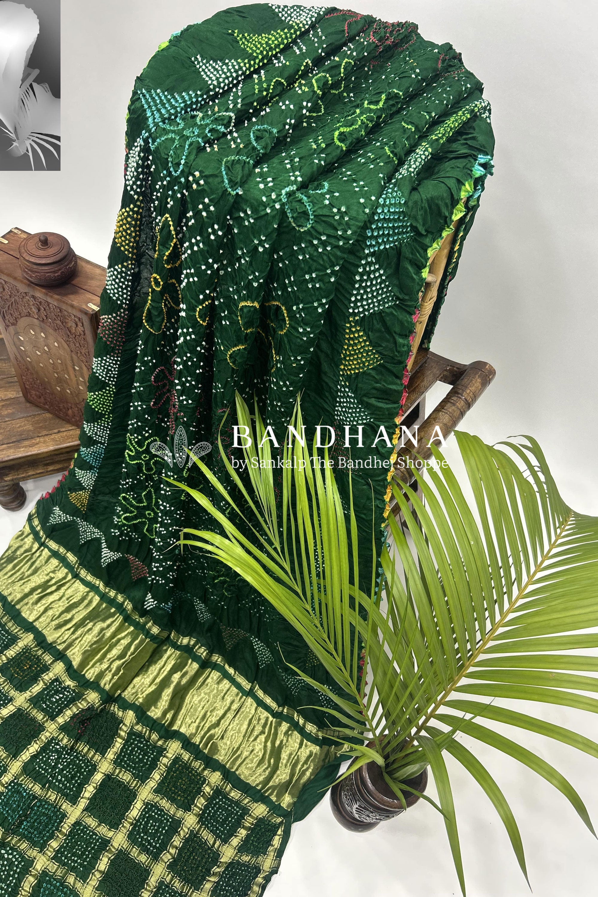 Mutli Green Gajji Silk Bhati Designer Bandhani Saree Sarees