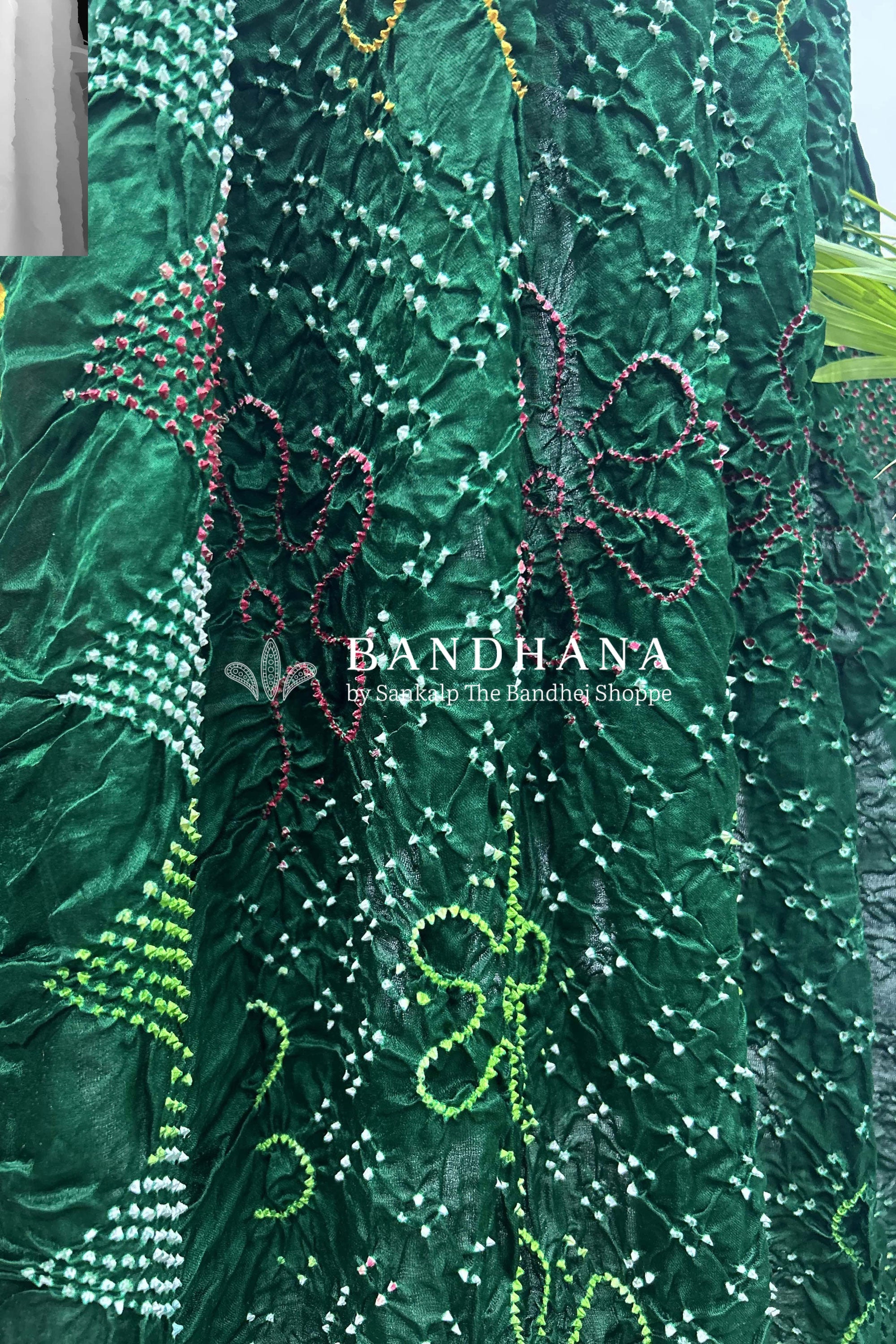 Mutli Green Gajji Silk Bhati Designer Bandhani Saree Sarees