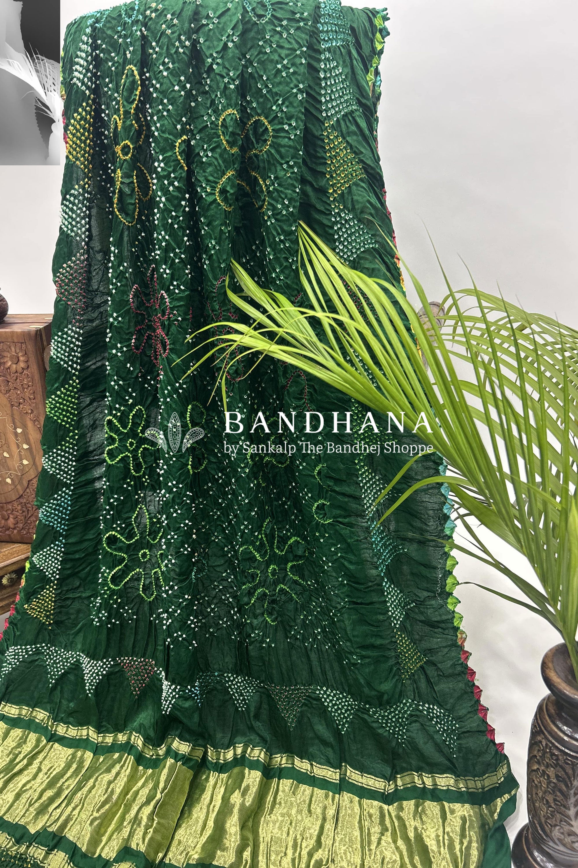 Mutli Green Gajji Silk Bhati Designer Bandhani Saree Sarees