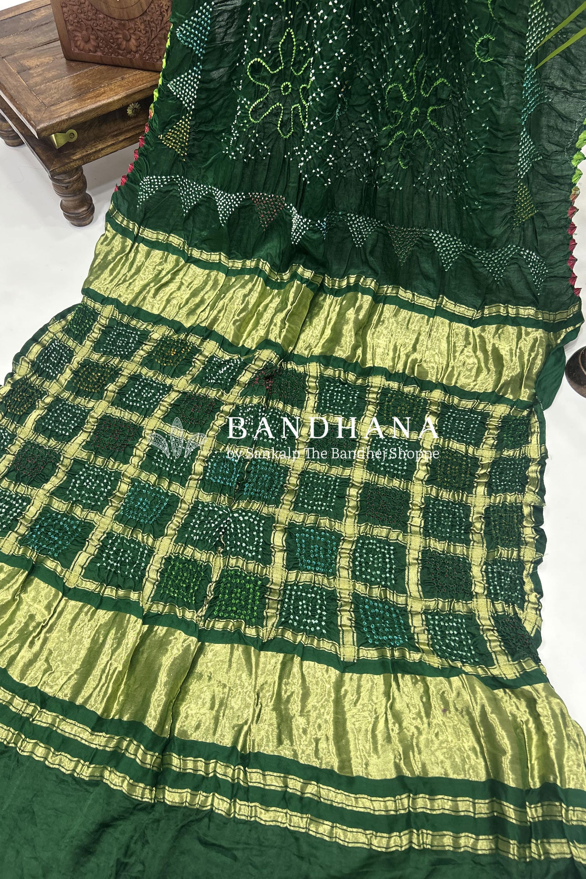 Mutli Green Gajji Silk Bhati Designer Bandhani Saree Sarees