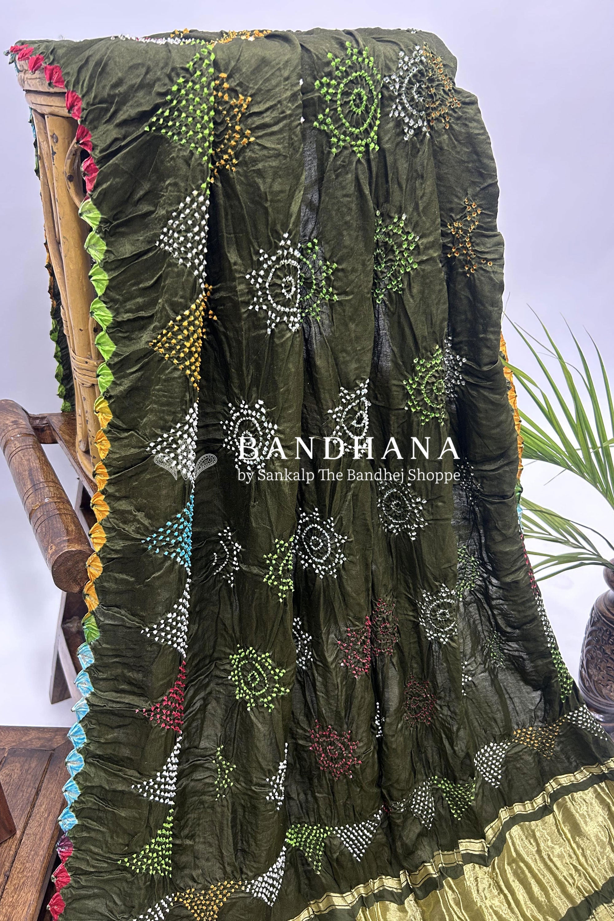 Mutli Mahendi Gajji Silk Bhati Designer Bandhani Saree Sarees