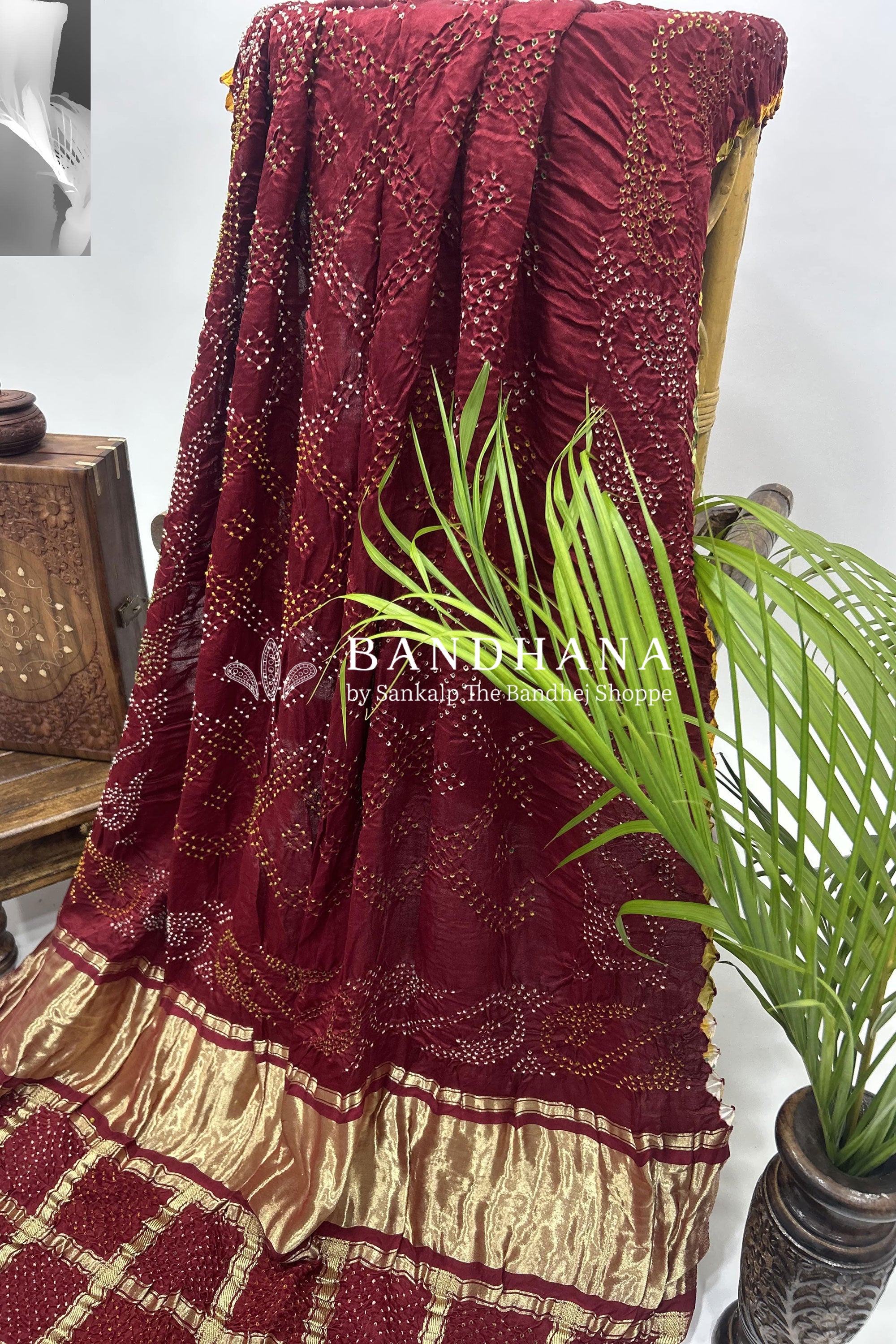 Mutli Maroon Gajji Silk Bhati Designer Bandhani Saree Sarees