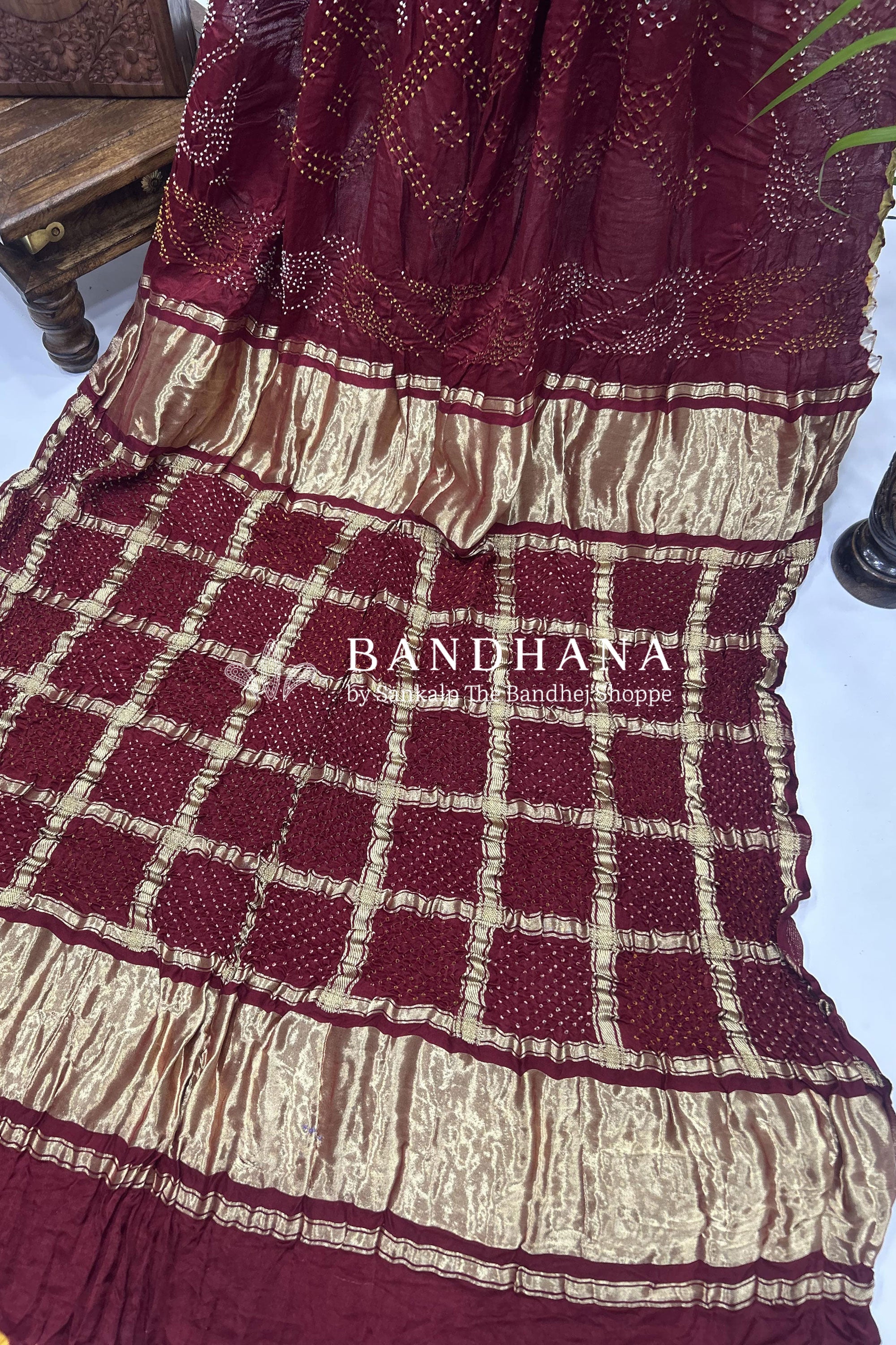 Mutli Maroon Gajji Silk Bhati Designer Bandhani Saree Sarees