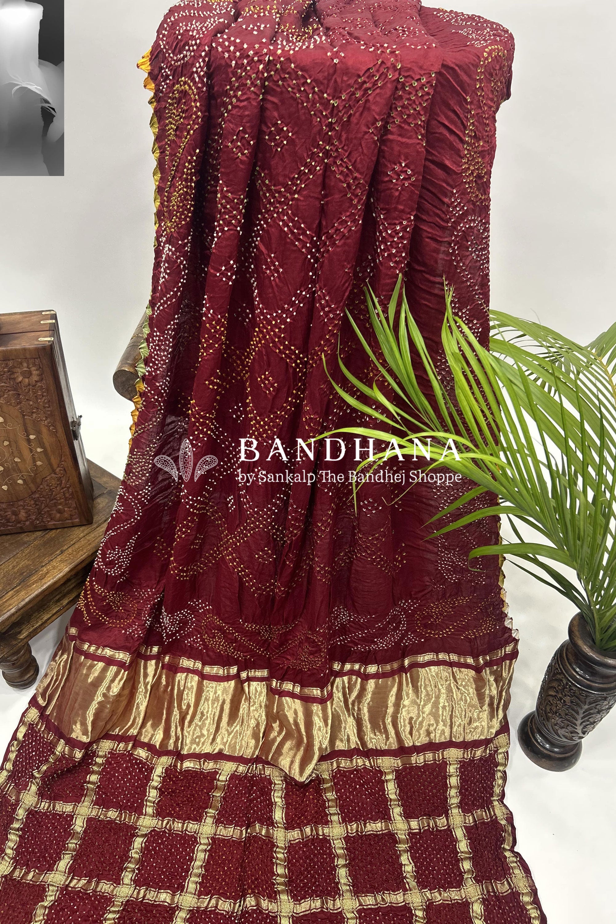 Mutli Maroon Gajji Silk Bhati Designer Bandhani Saree Sarees