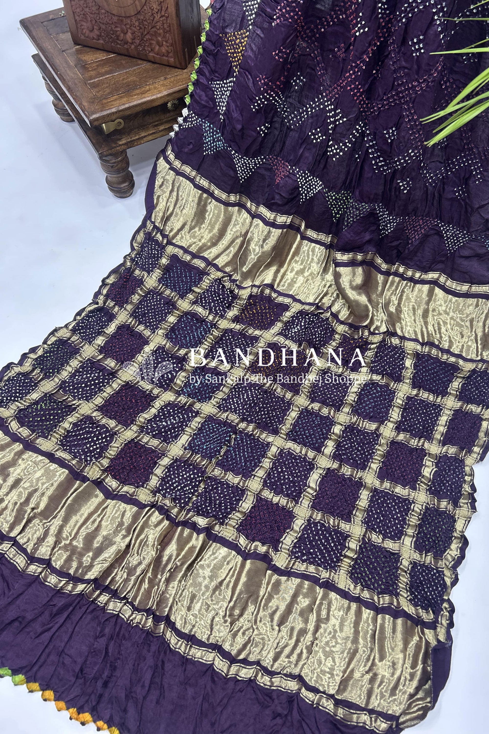 Mutli Wine Gajji Silk Bhati Designer Bandhani Saree Sarees