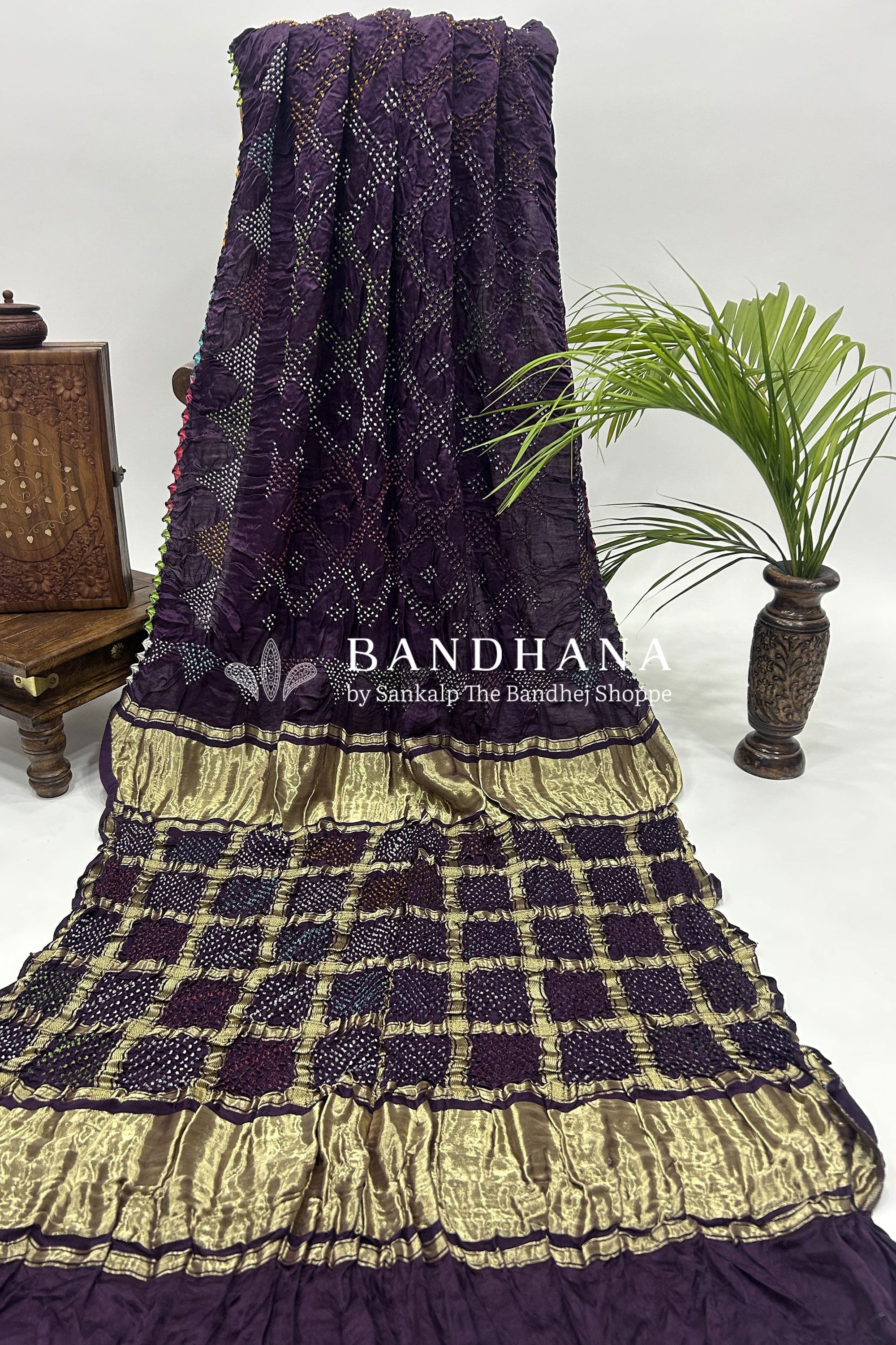 Mutli Wine Gajji Silk Bhati Designer Bandhani Saree Sarees