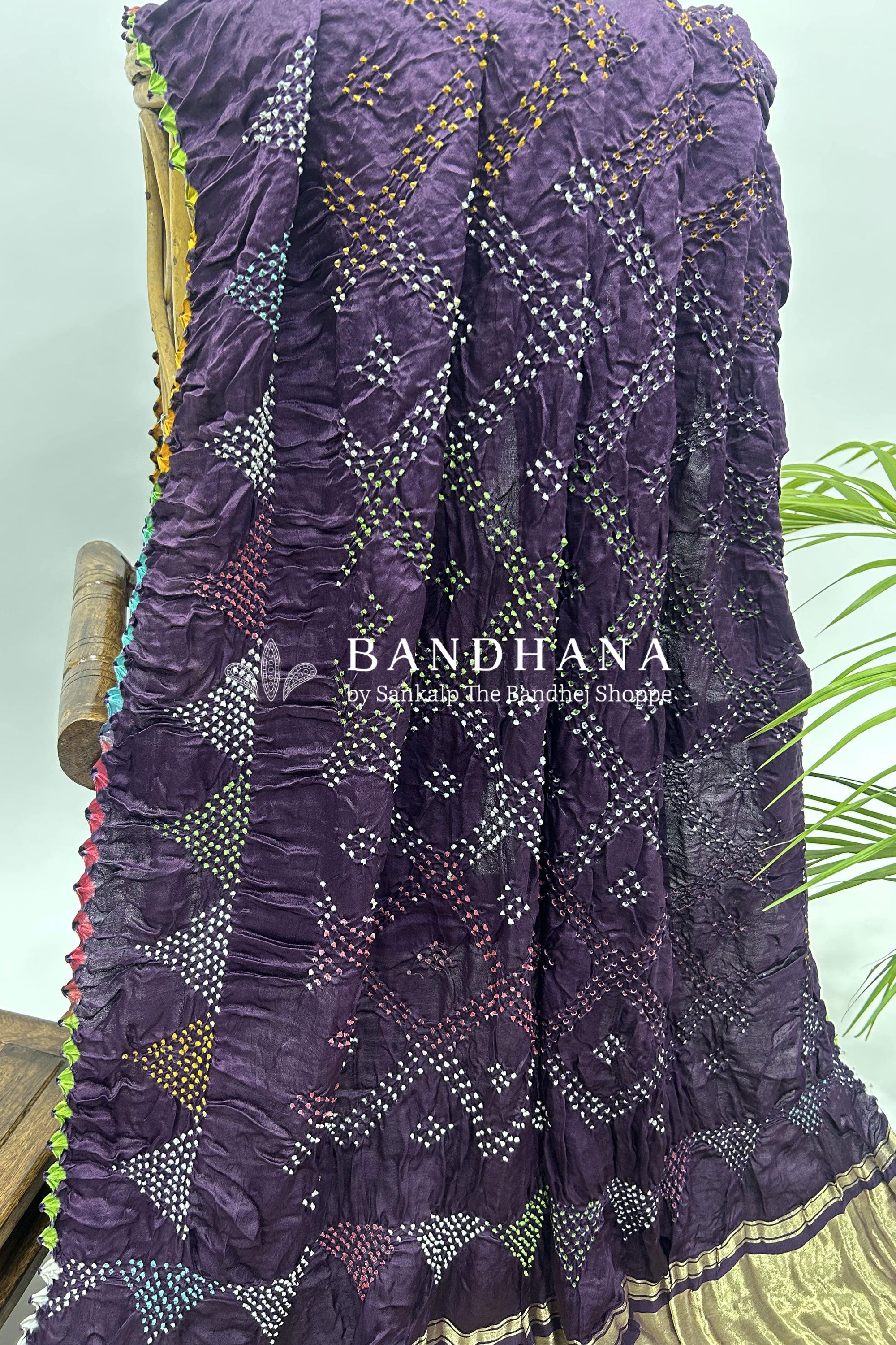 Mutli Wine Gajji Silk Bhati Designer Bandhani Saree Sarees