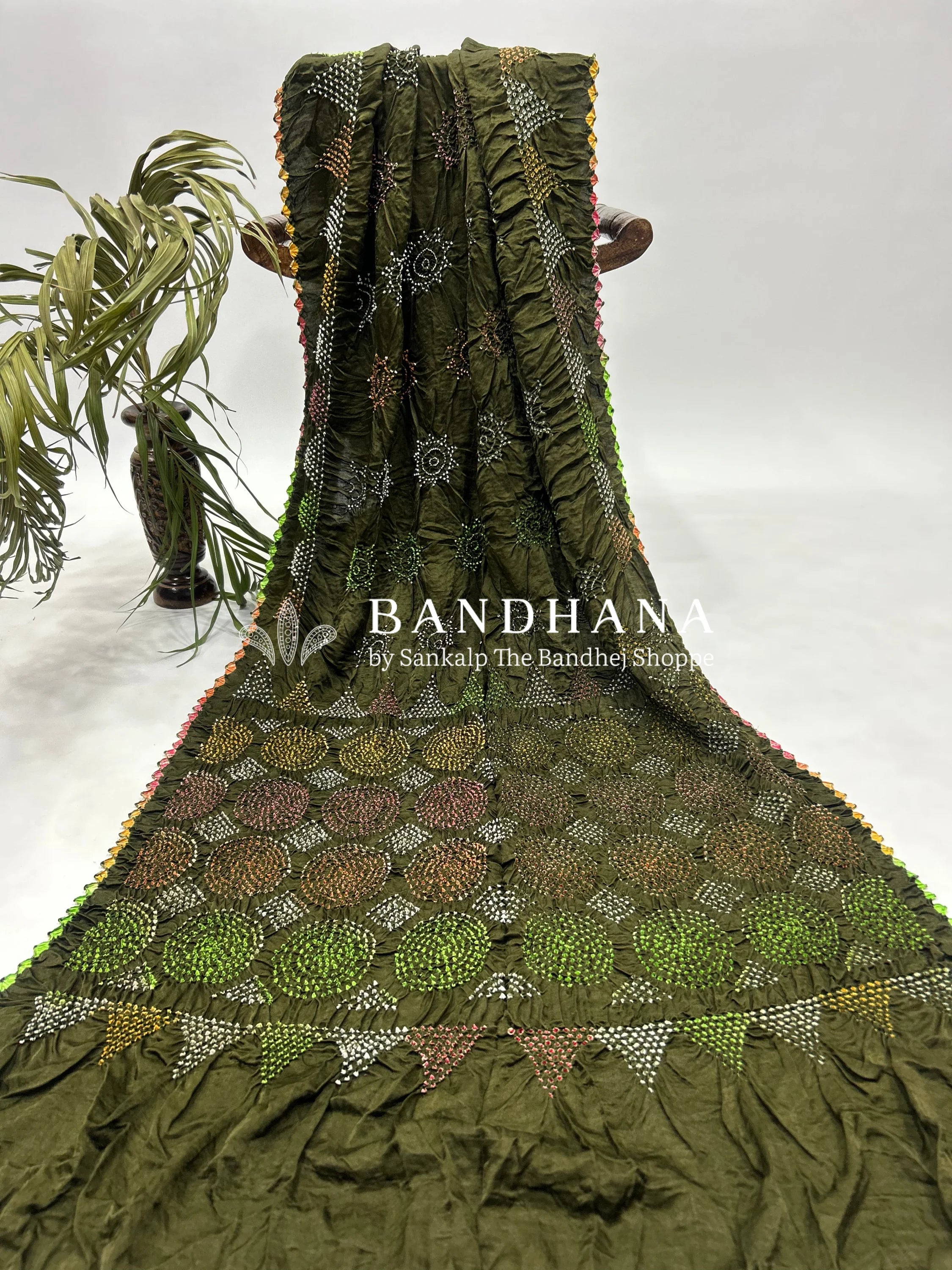 Gajji Silk Mahendi Multi Colour Bandhani Saree Sarees