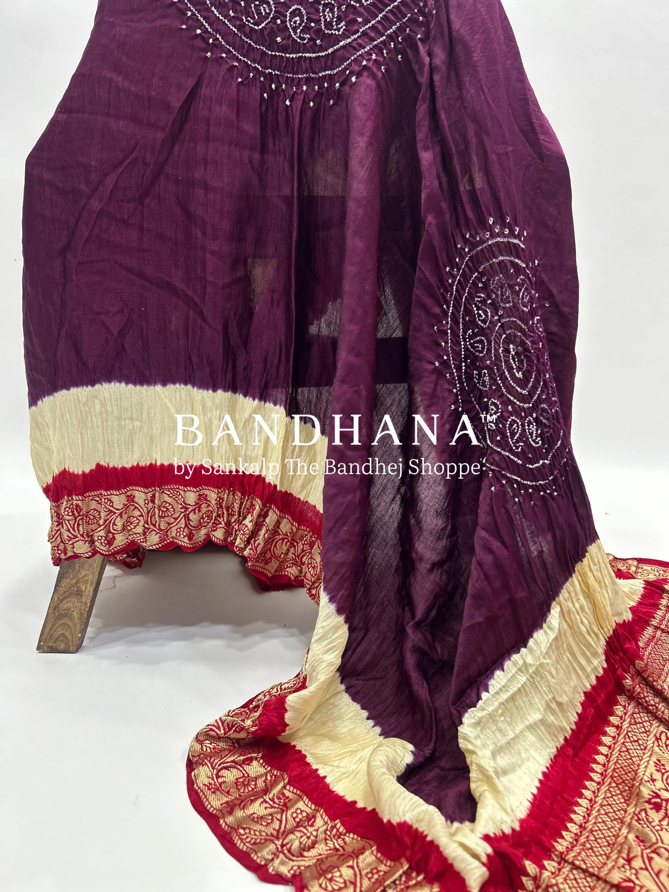 Gajji Silk Wine - Maroon Designer Gala Dupatta With 3 Colour Dying purple / Gajji Silk Dupattas