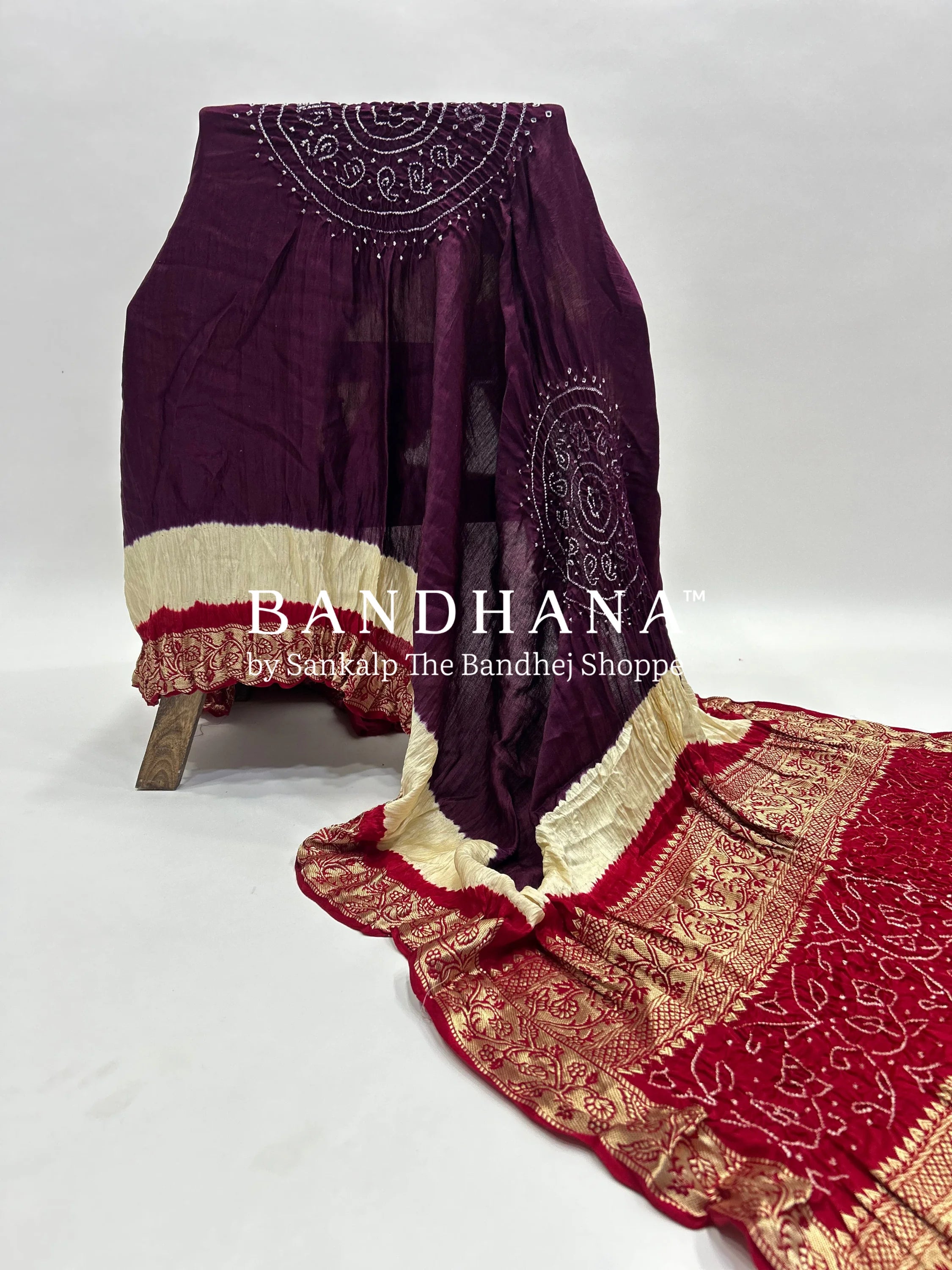 Gajji Silk Wine - Maroon Designer Gala Dupatta With 3 Colour Dying purple / Gajji Silk Dupattas