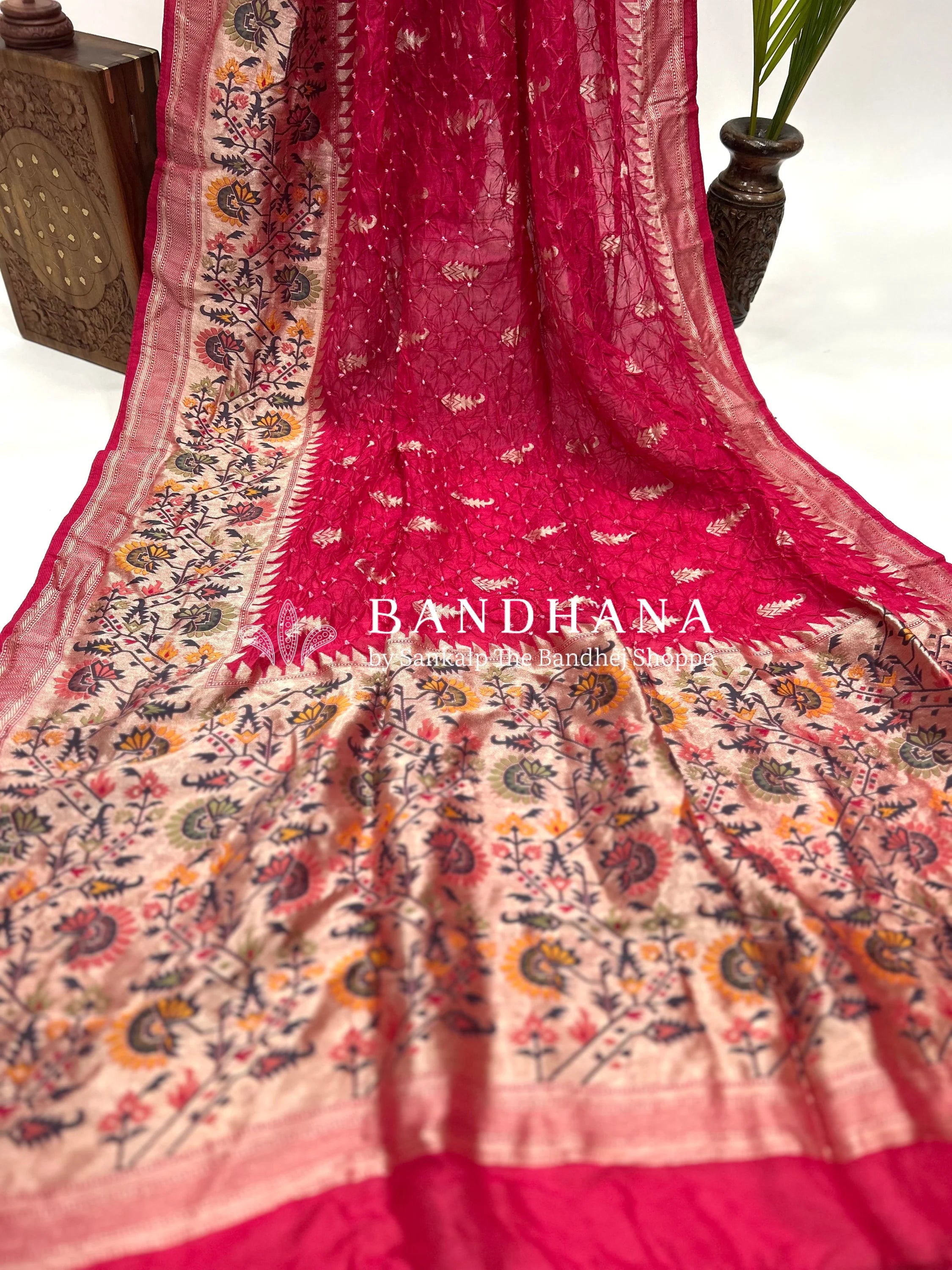 Gajri Art Tussar Silk Bandhani Saree Sarees