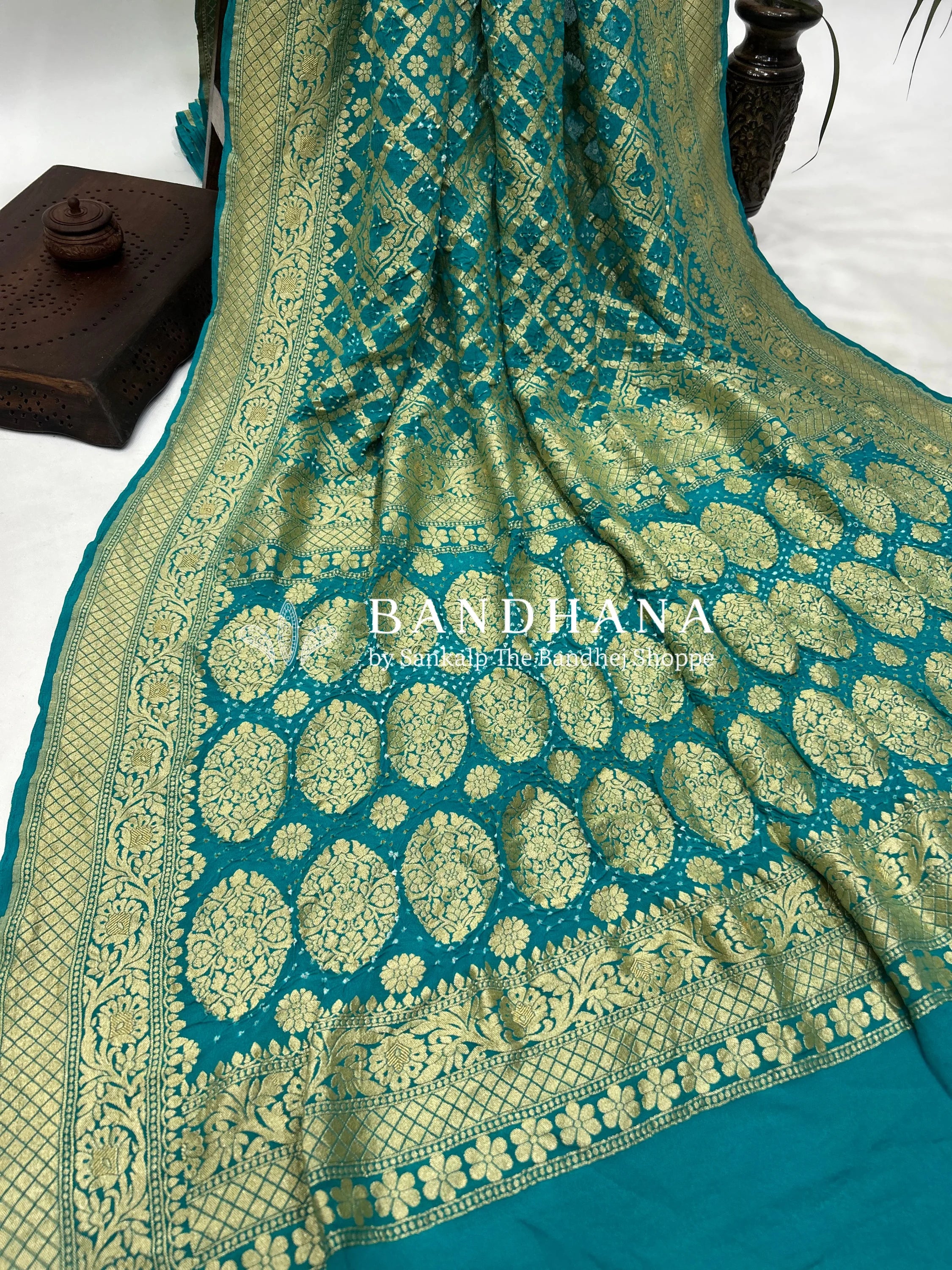 Turquoise Georgette Jaal Bandhani Saree Sarees