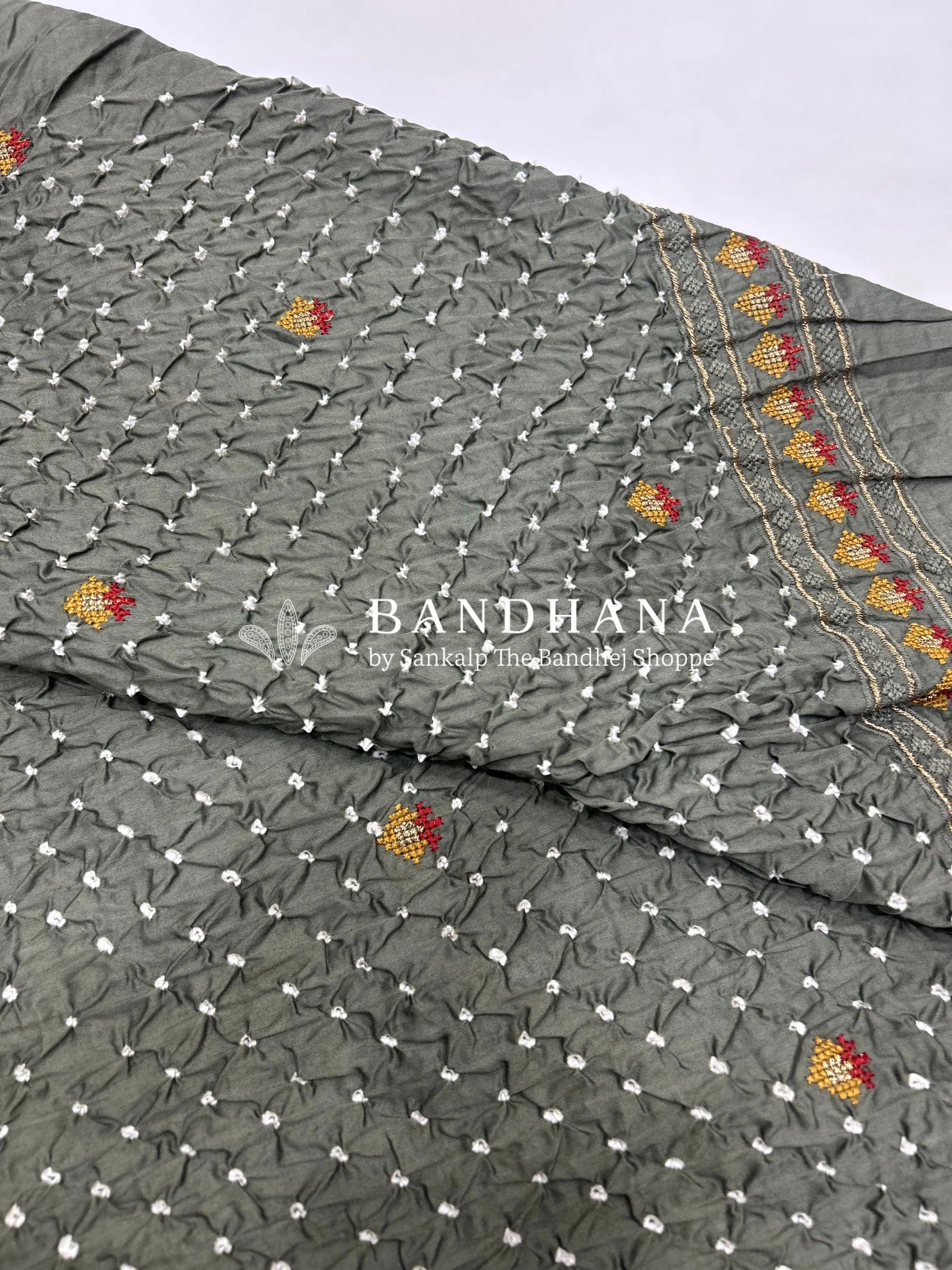 Gray Cotton Work Bandhani Dress Material (Unstitched) grey / Cotton Dresses