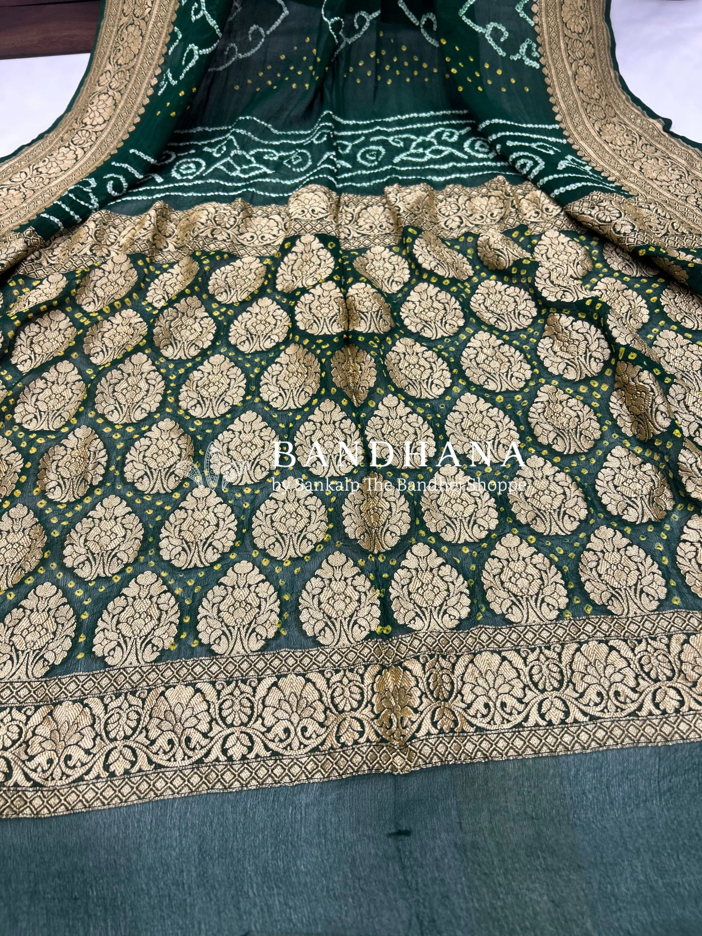 Green Georgette Bananrasi All Over Rai Bandhani Saree Sarees