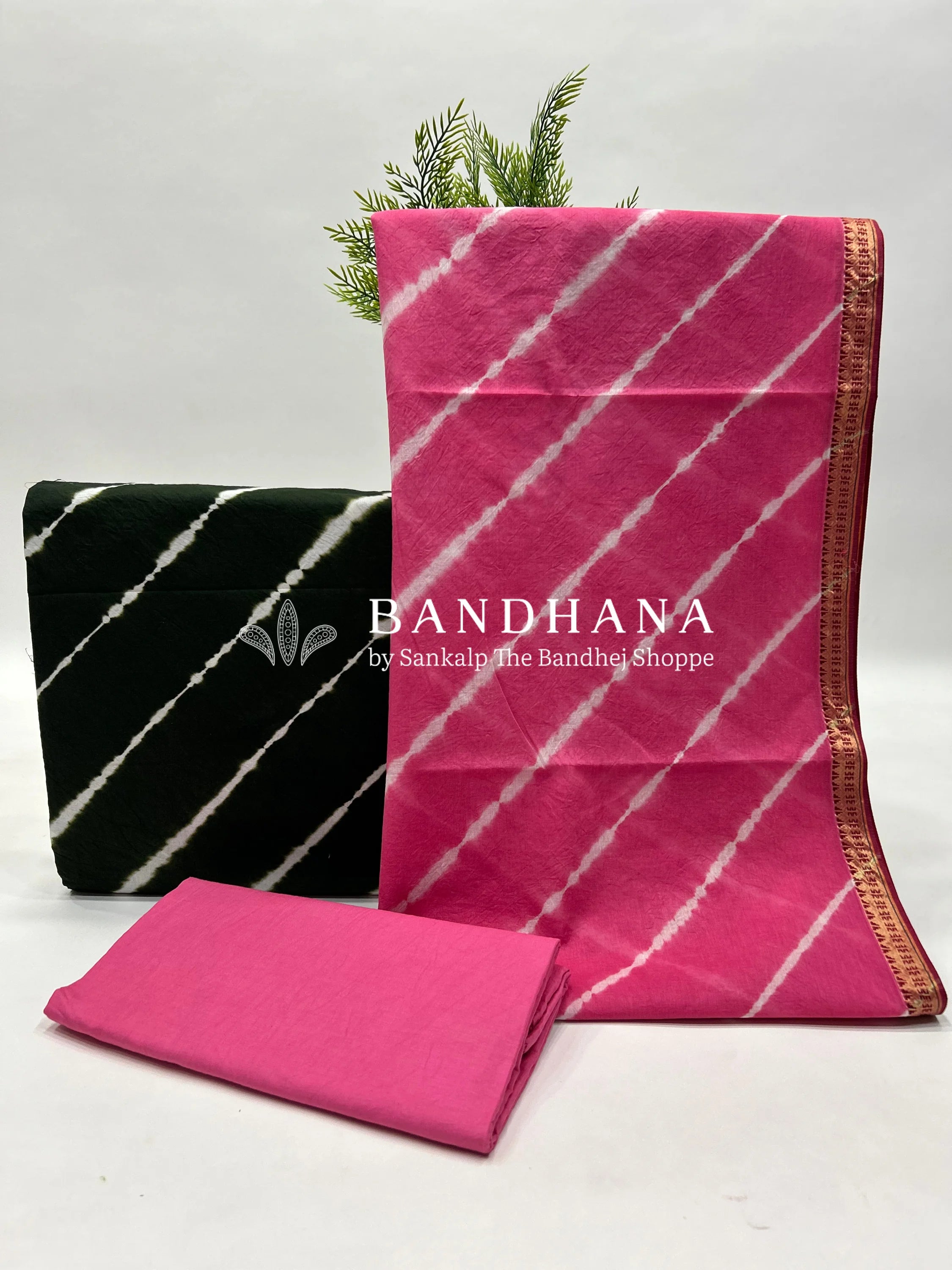 Green-Pink Cotton Laheriya Dress Material pink / Cotton Dresses