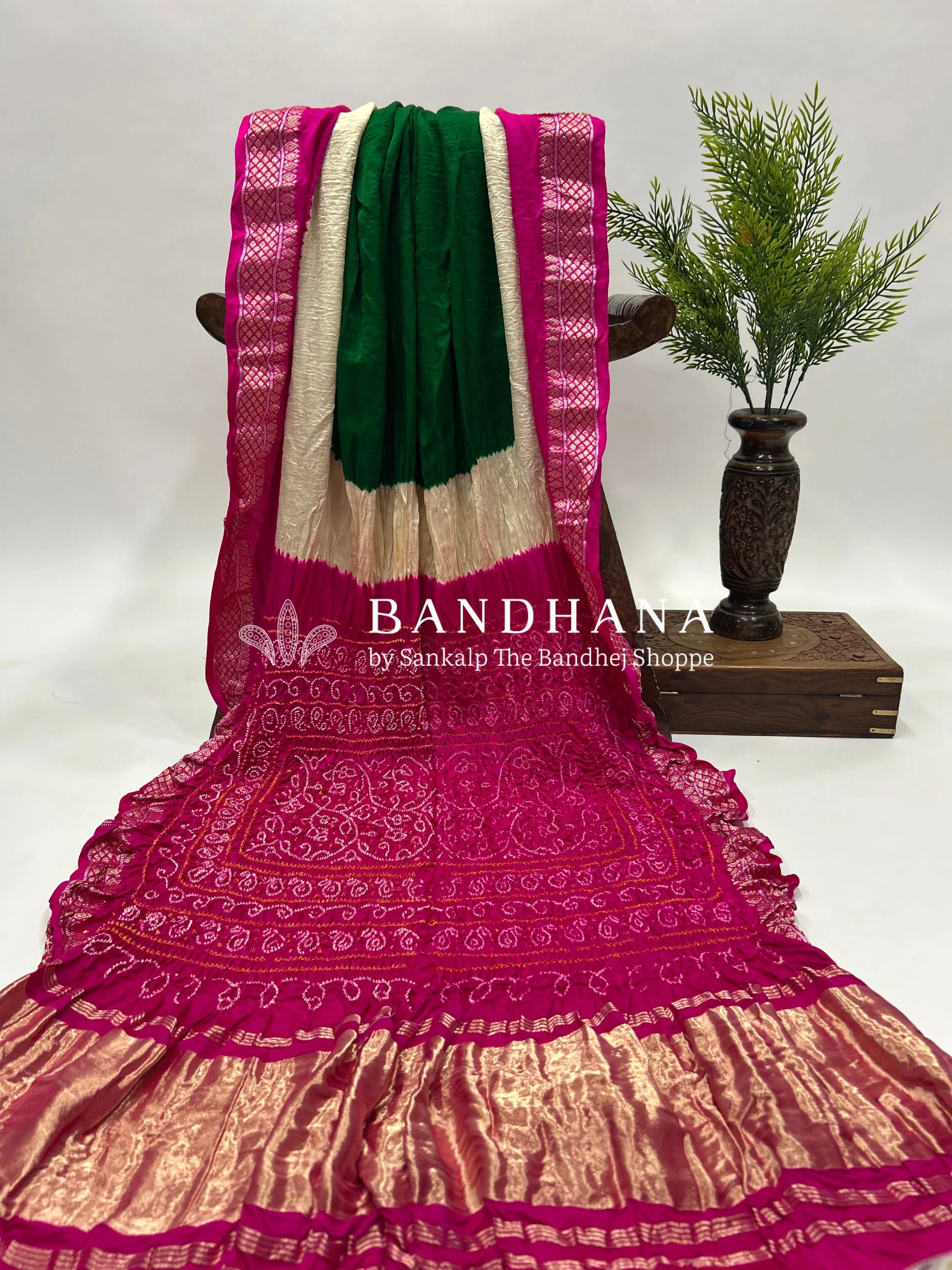 Green-Rani Gajji Silk Designer Gala Saree with 3 Colour Dying deeppink / Gajji Silk Sarees