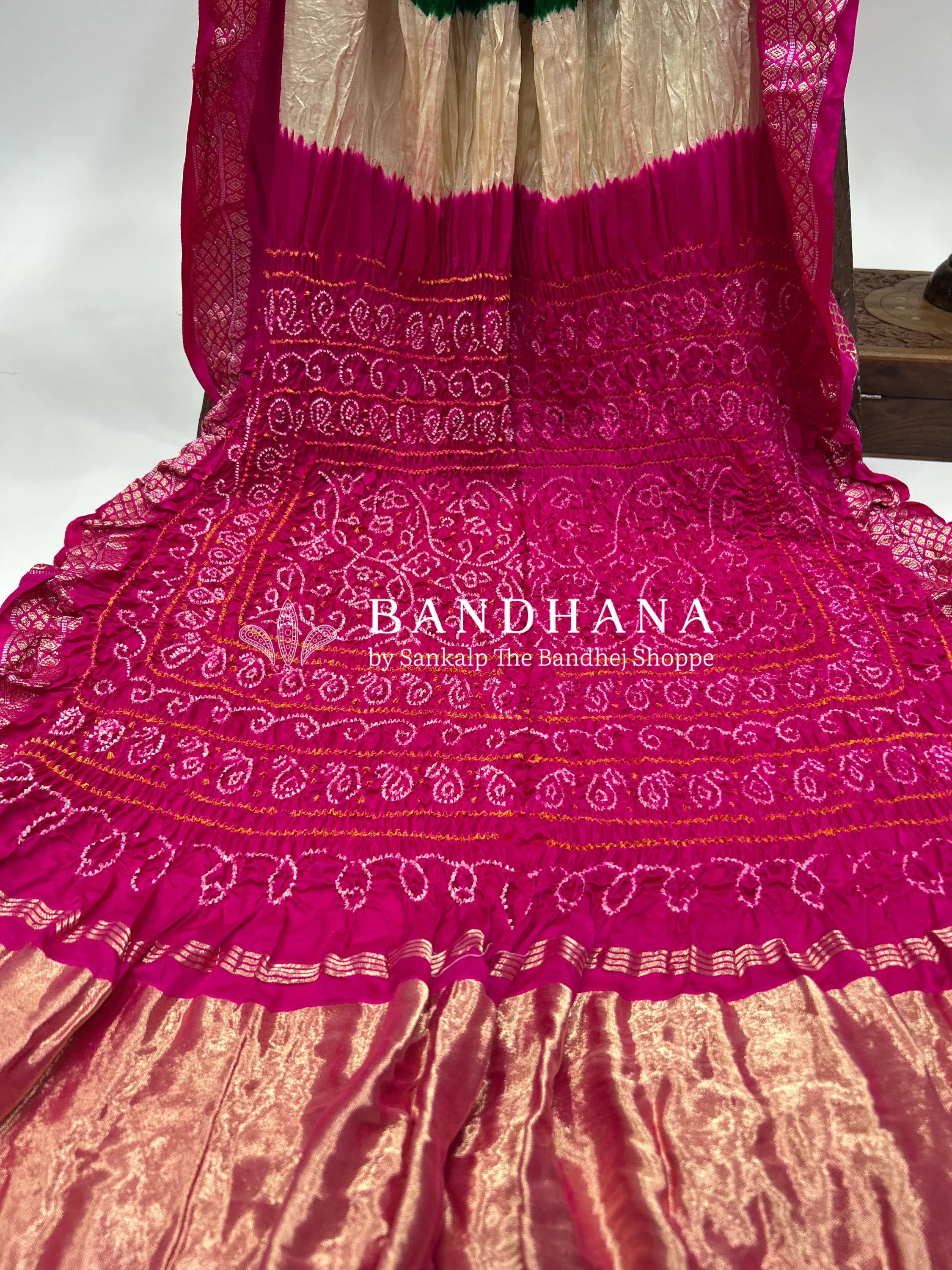 Green-Rani Gajji Silk Designer Gala Saree with 3 Colour Dying deeppink / Gajji Silk Sarees