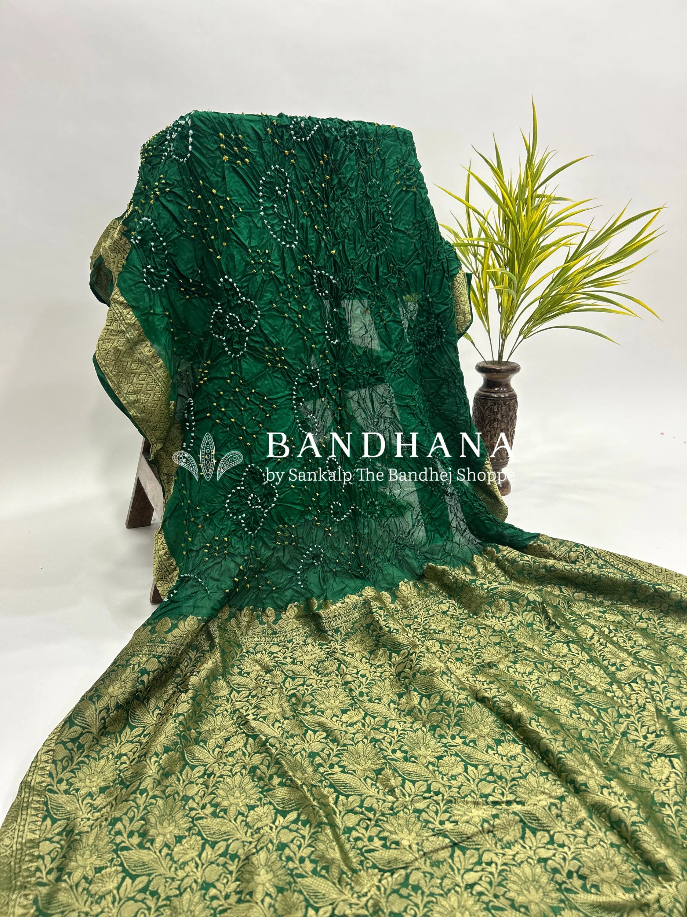 Green Soft Silk Resham Palav Bandhani Saree green / Soft Silk Sarees