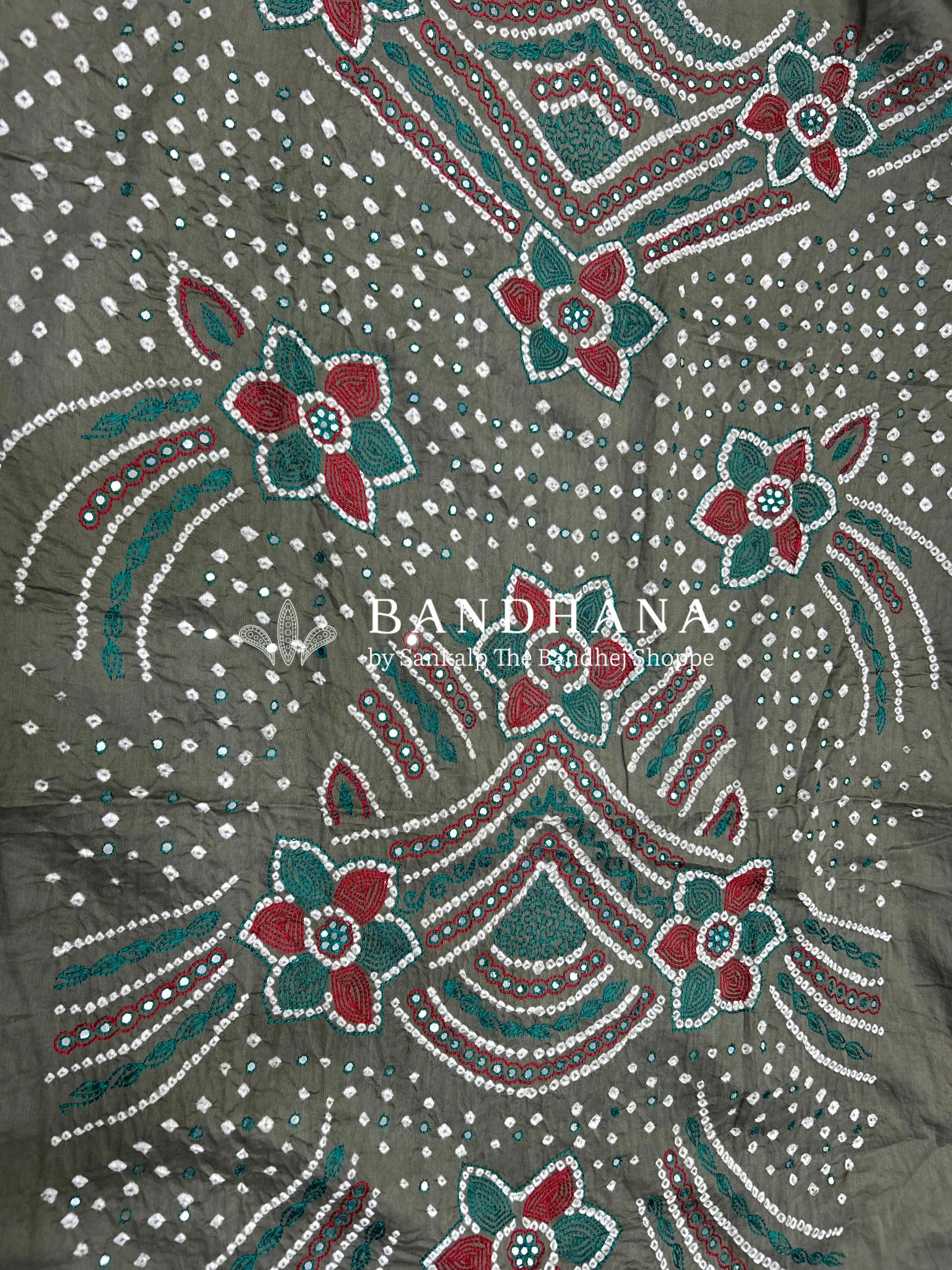 Grey Rama Cotton Fancy Work Bandhani Dress Material grey / Cotton Dresses