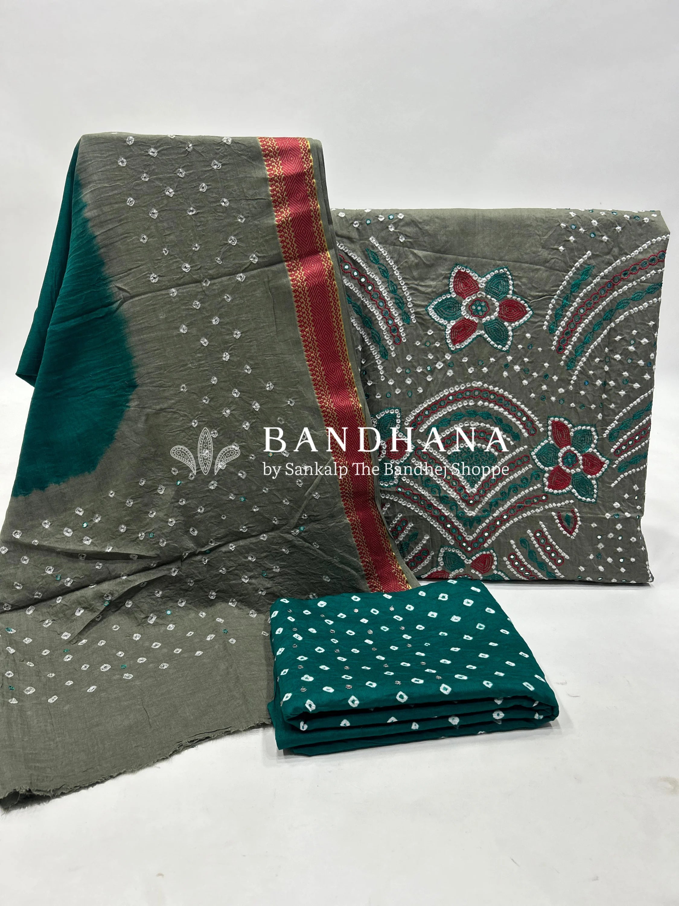 Grey Rama Cotton Fancy Work Bandhani Dress Material grey / Cotton Dresses