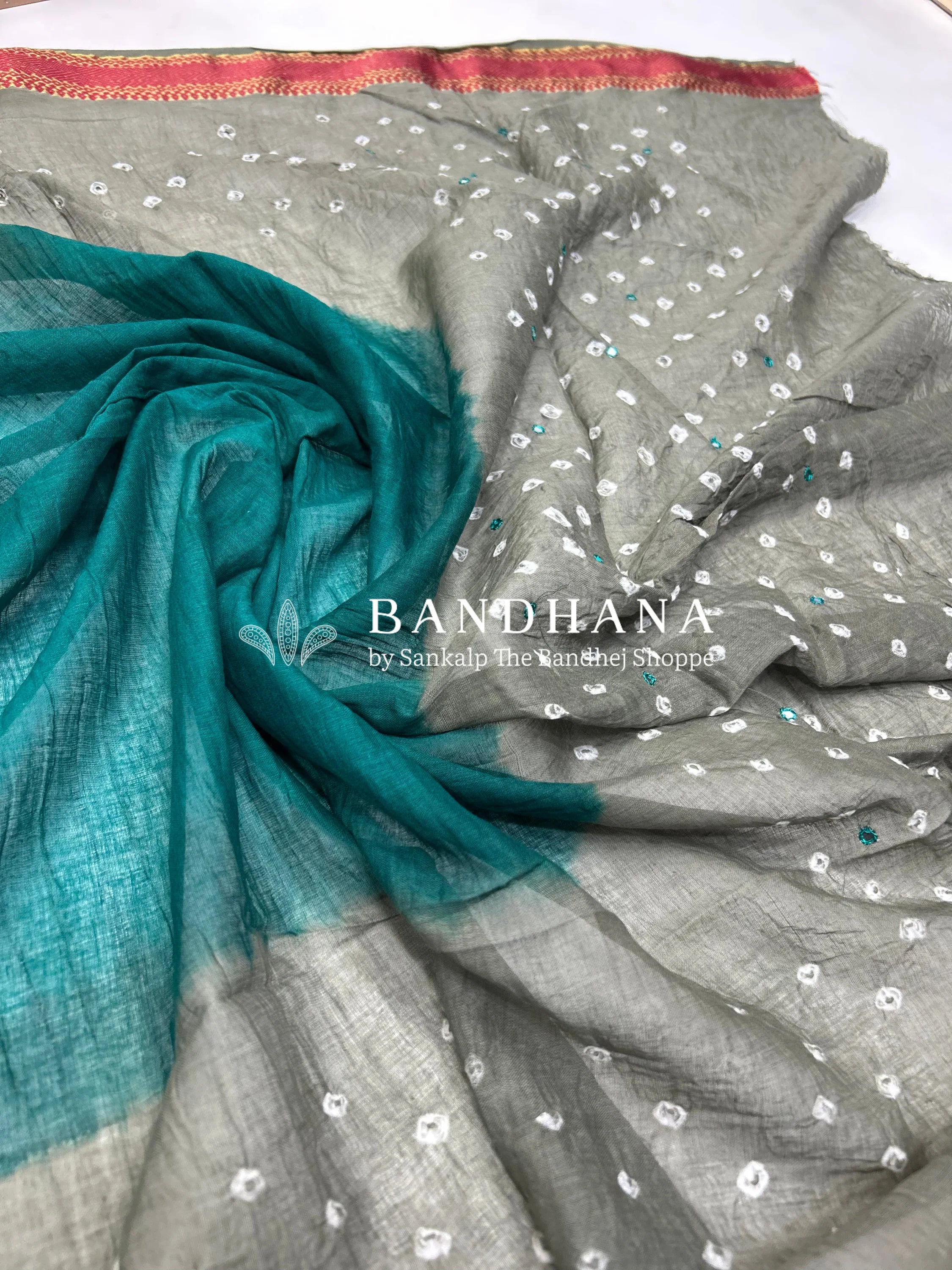 Grey Rama Cotton Fancy Work Bandhani Dress Material grey / Cotton Dresses