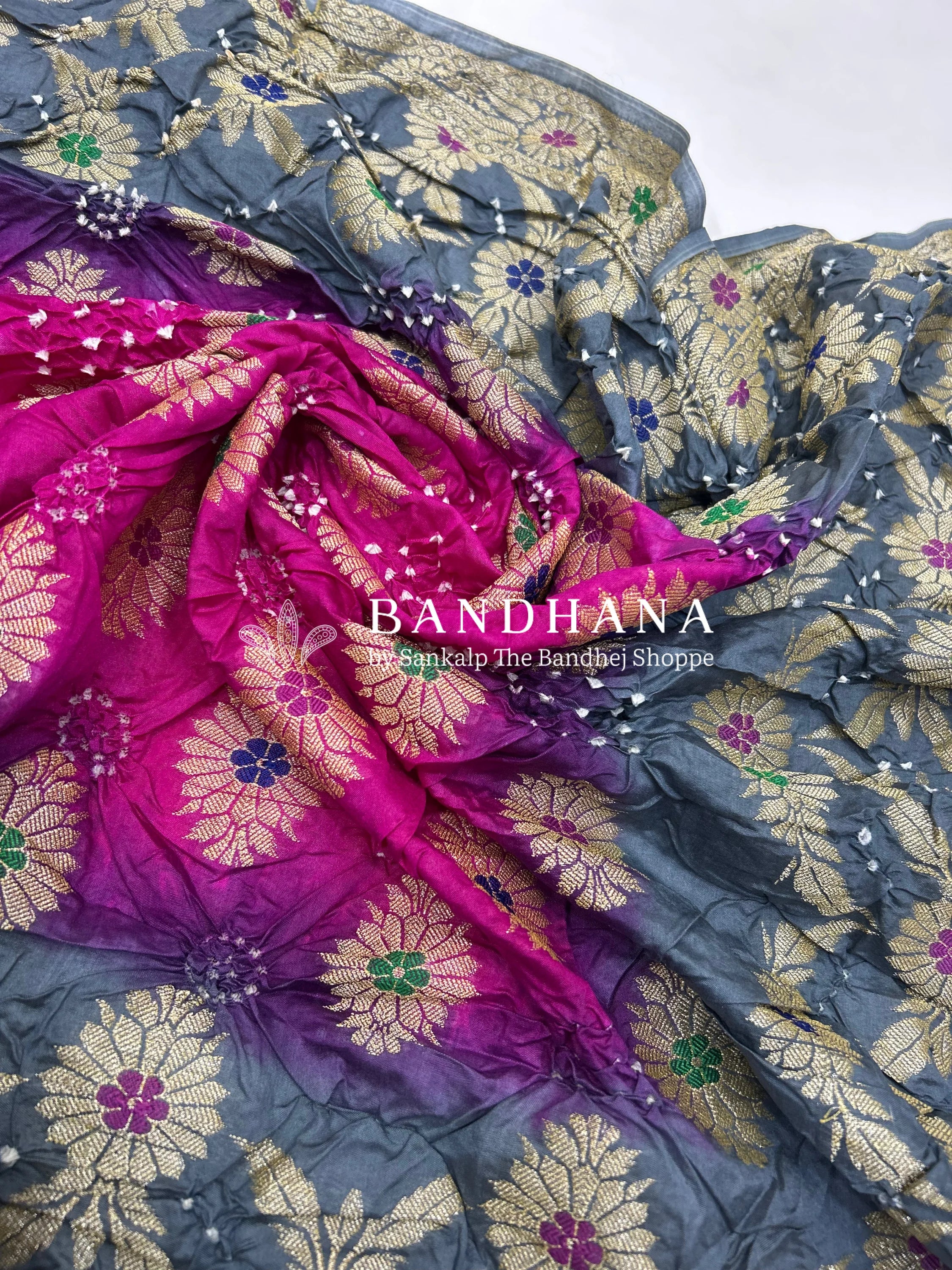 Grey & Rani Art Dupion Butta Bandhani Dress Material grey / Dola Silk Dresses