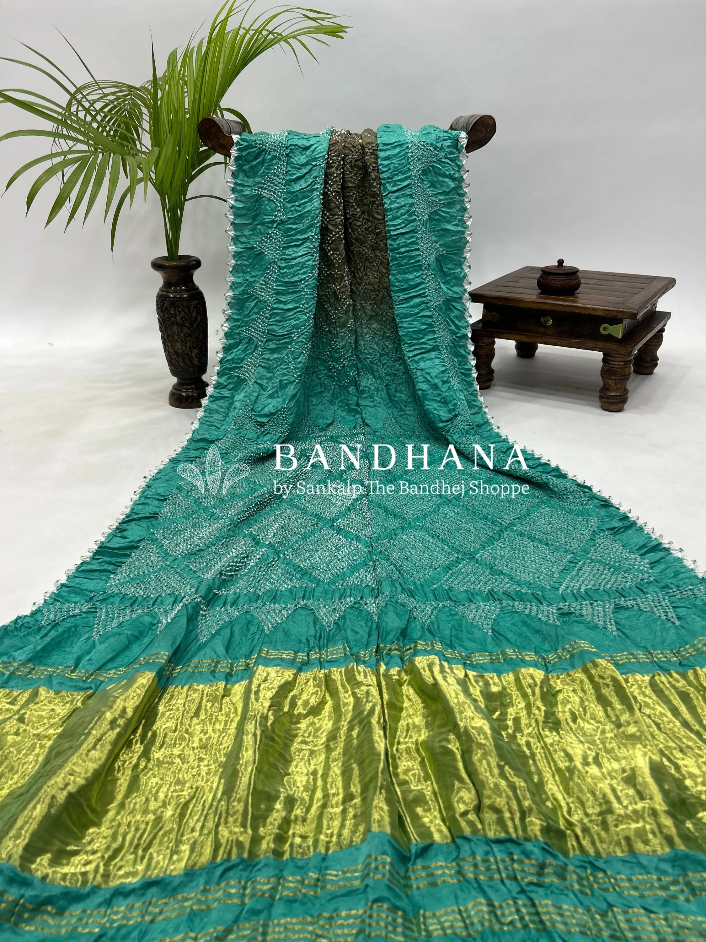 Grey See Green Gajji Bharati Designer Bandhani Saree Sarees