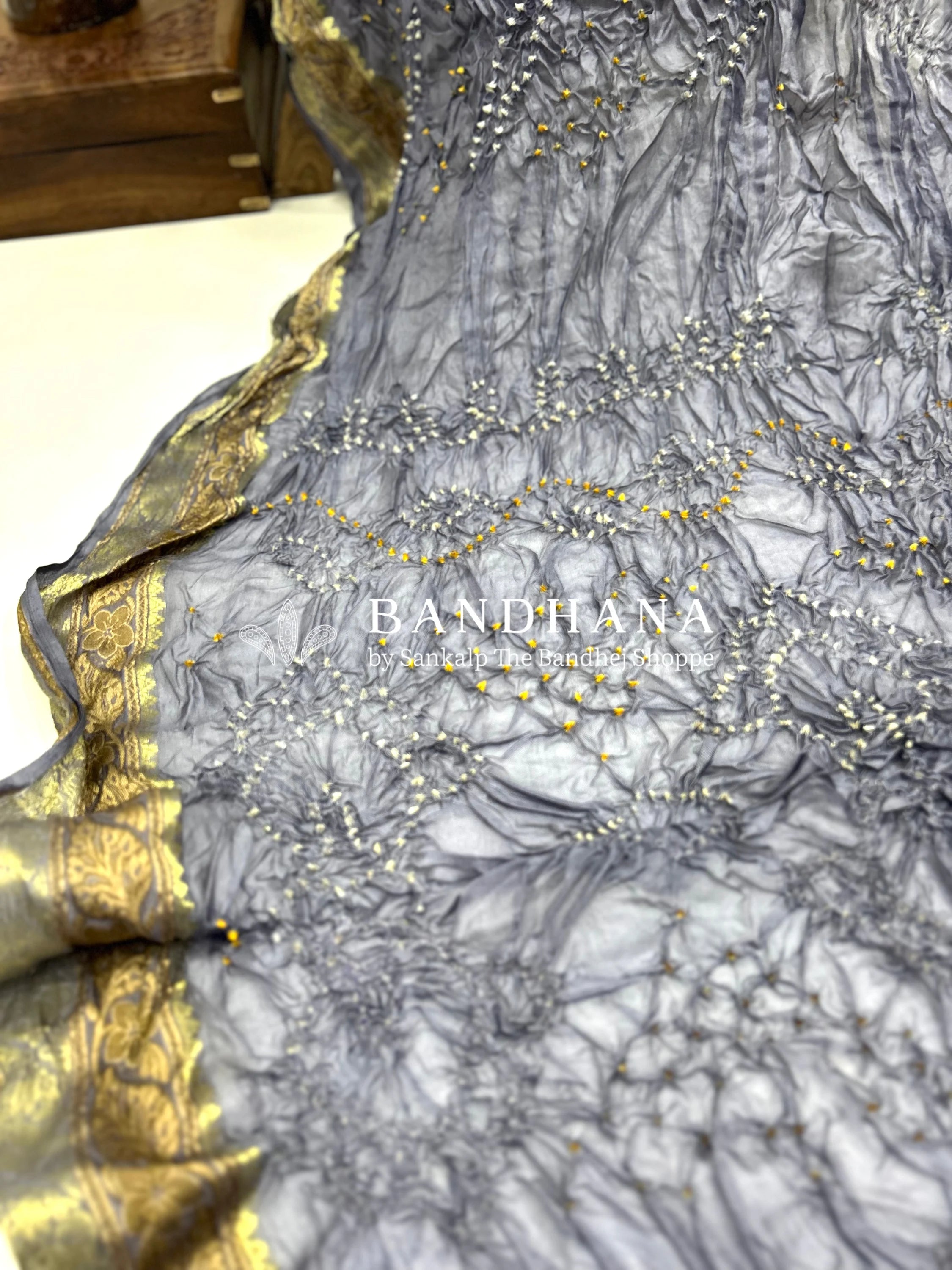 Grey Soft Silk Resham Border Bandhani Saree grey / Soft Silk Sarees