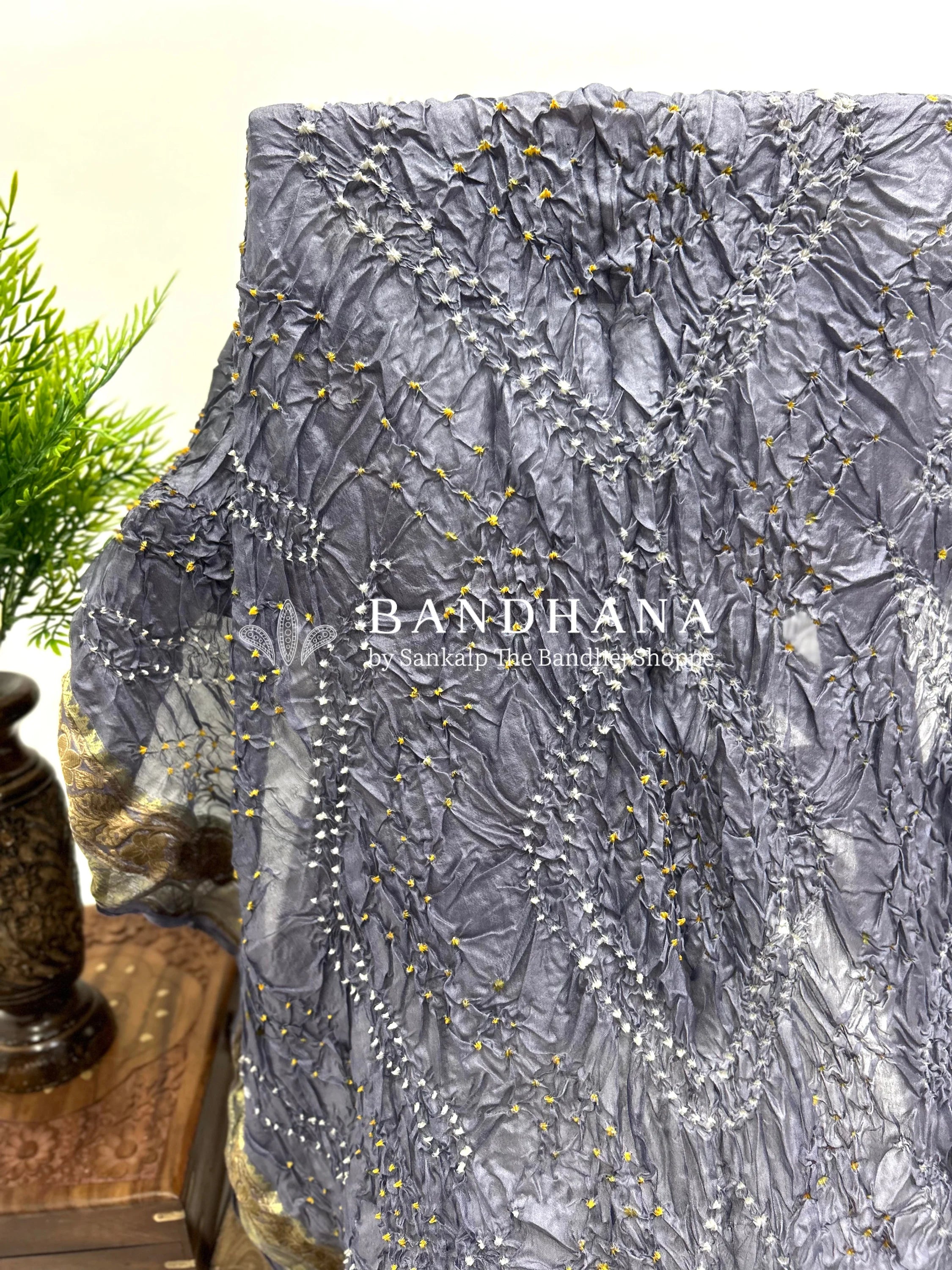 Grey Soft Silk Resham Border Bandhani Saree grey / Soft Silk Sarees