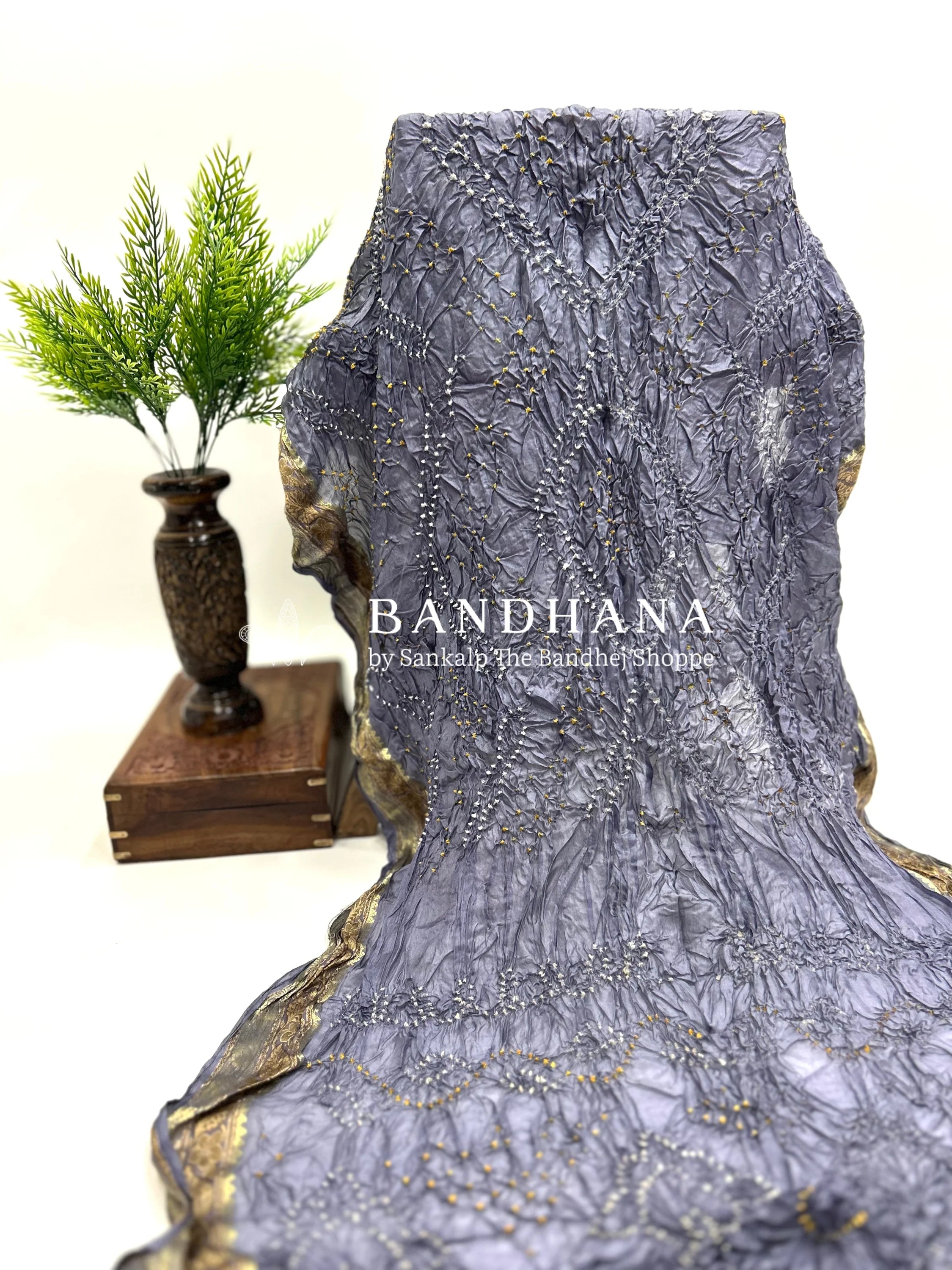 Grey Soft Silk Resham Border Bandhani Saree grey / Soft Silk Sarees