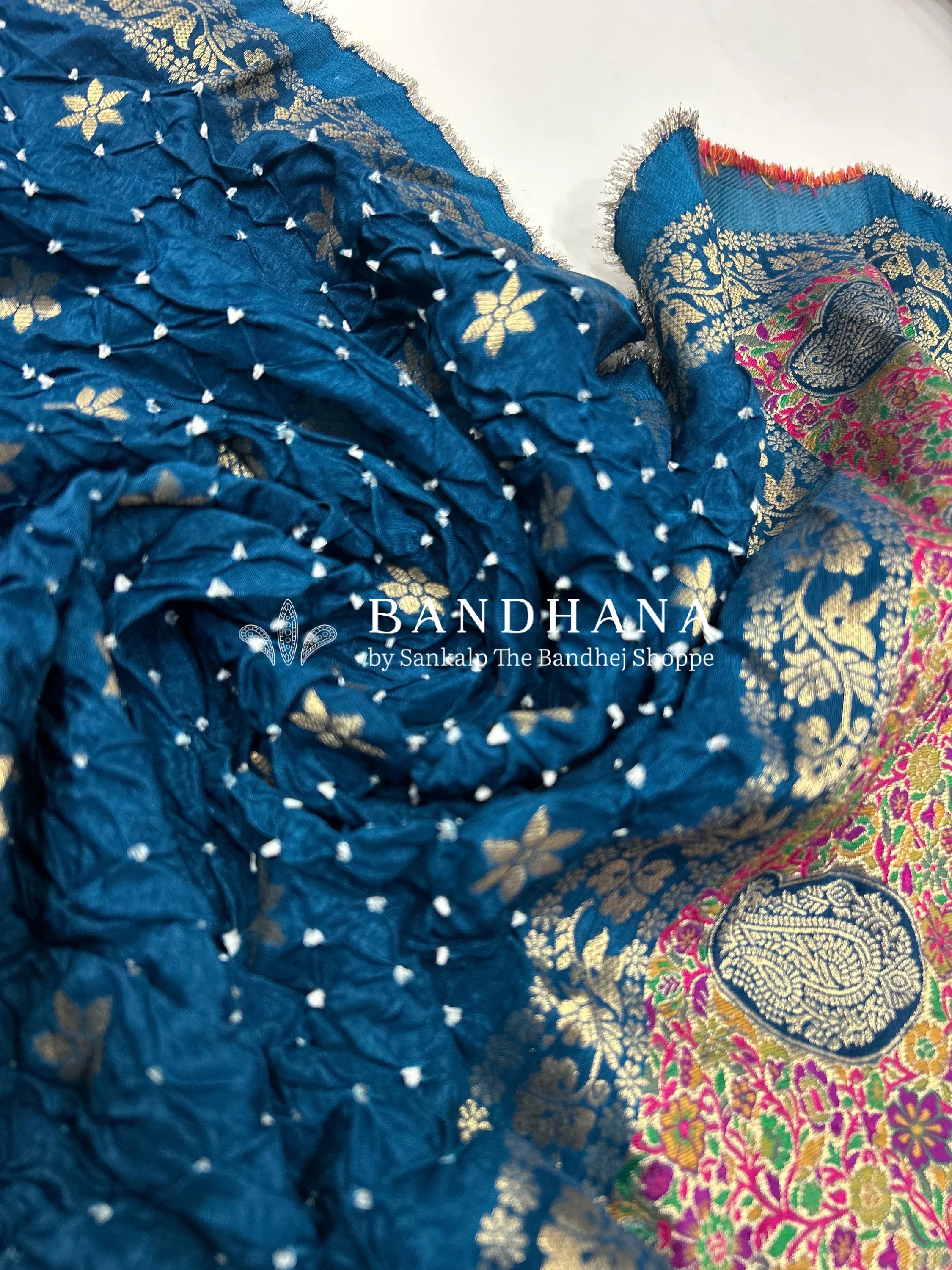 Indigo Dola Silk Bandhani Dress Material dodgerblue / Dola Silk Dresses