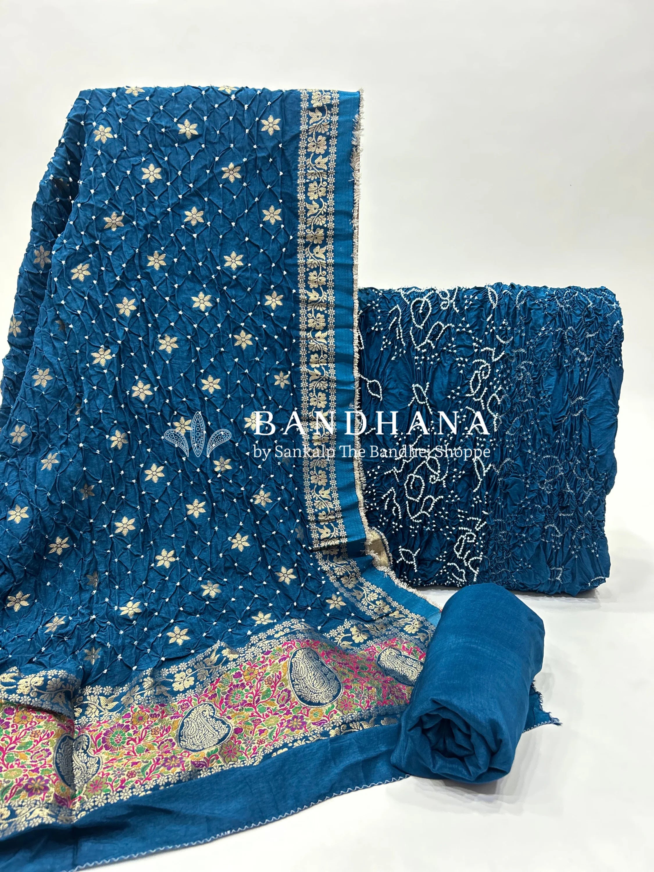 Indigo Dola Silk Bandhani Dress Material dodgerblue / Dola Silk Dresses