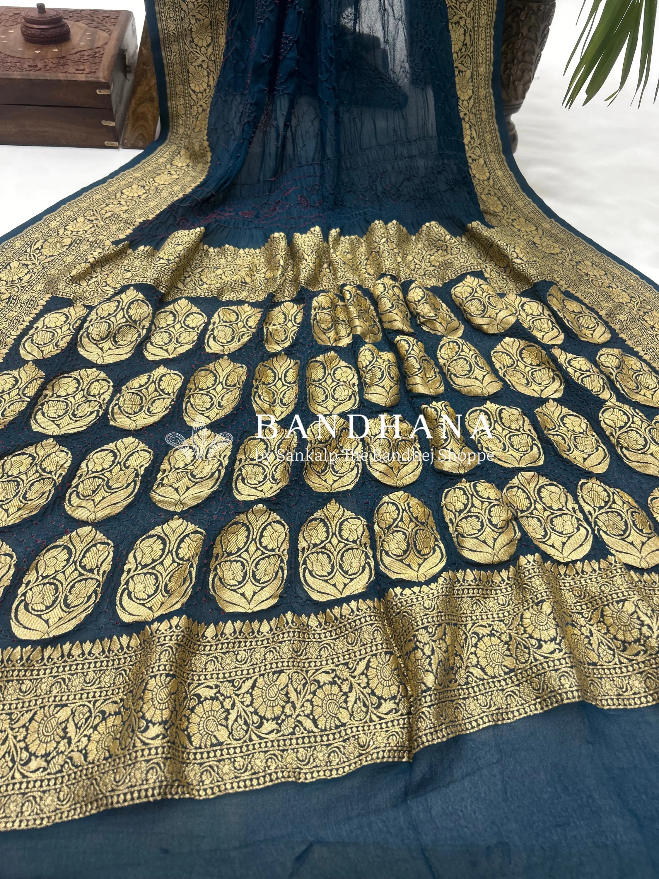 Indigo Georgette Bananrasi All Over Rai Bandhani Saree Sarees